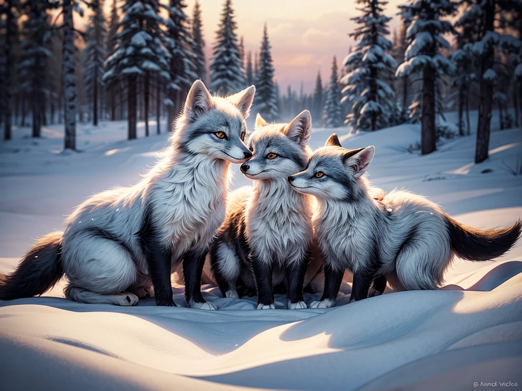 An arctic fox family huddles closely together in a snowy landscape. The main focus is on the adorable fox cubs, with their fluffy white fur and playful expressions. The mother fox, with her sharp eyes and protective stance, stands nearby, keeping a watchful eye on her young ones. The scene is bathed in the soft, cool light of the arctic, creating a serene and peaceful atmosphere.

The artwork is created using a digital medium, which allows for precise details and vibrant colors. The fur of the foxes is depicted with ultra-detailed strokes, capturing every strand and texture. The snowy landscape is rendered with realistic textures, showcasing the crispness and purity of the arctic environment.

To enhance the overall quality of the image, the prompt includes tags such as "(best quality:1.2), ultra-detailed, realistic:1.37". This ensures that the resulting image is of the highest resolution and captures the intricate details of the scene. Additionally, tags like "HDR, vivid colors, studio lighting" are included to create a visually stunning and captivating artwork.

The artwork is inspired by the concept of wildlife and nature photography. It aims to capture the beauty and vulnerability of these arctic foxes in their natural habitat. The color palette is cool and muted, with shades of blues and whites dominating the scene. The lighting is soft and diffused, creating a gentle glow that wraps around the foxes.

Overall, the prompt focuses on creating a heartwarming and engaging artwork featuring an arctic fox family seeking shelter and safety from potential threats. The details, quality, and artistic style of the prompt contribute to the creation of a visually stunning and emotionally evocative image.