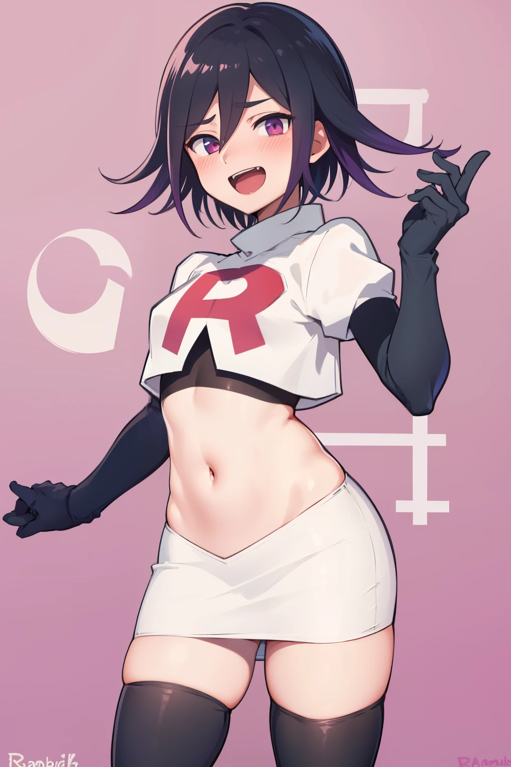 absurdres, cowboy shot, solo, male focus, trap, 1boy, crossdressing,1boy, oma kokichi, team rocket,team rocket uniform,white skirt,red letter R,crop top,black thigh-highs,black elbow gloves, evil laugh, blush