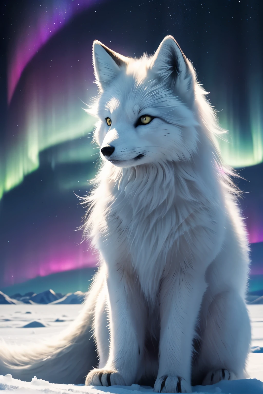 best quality, 32k, RAW photo, incredibly absurdres, extremely detailed, delicate texture, dignified and cute iridescent long-haired arctic fox divine beast, fantastic, mysterious, background rainbow-colored aurora, snow field, midnight sun