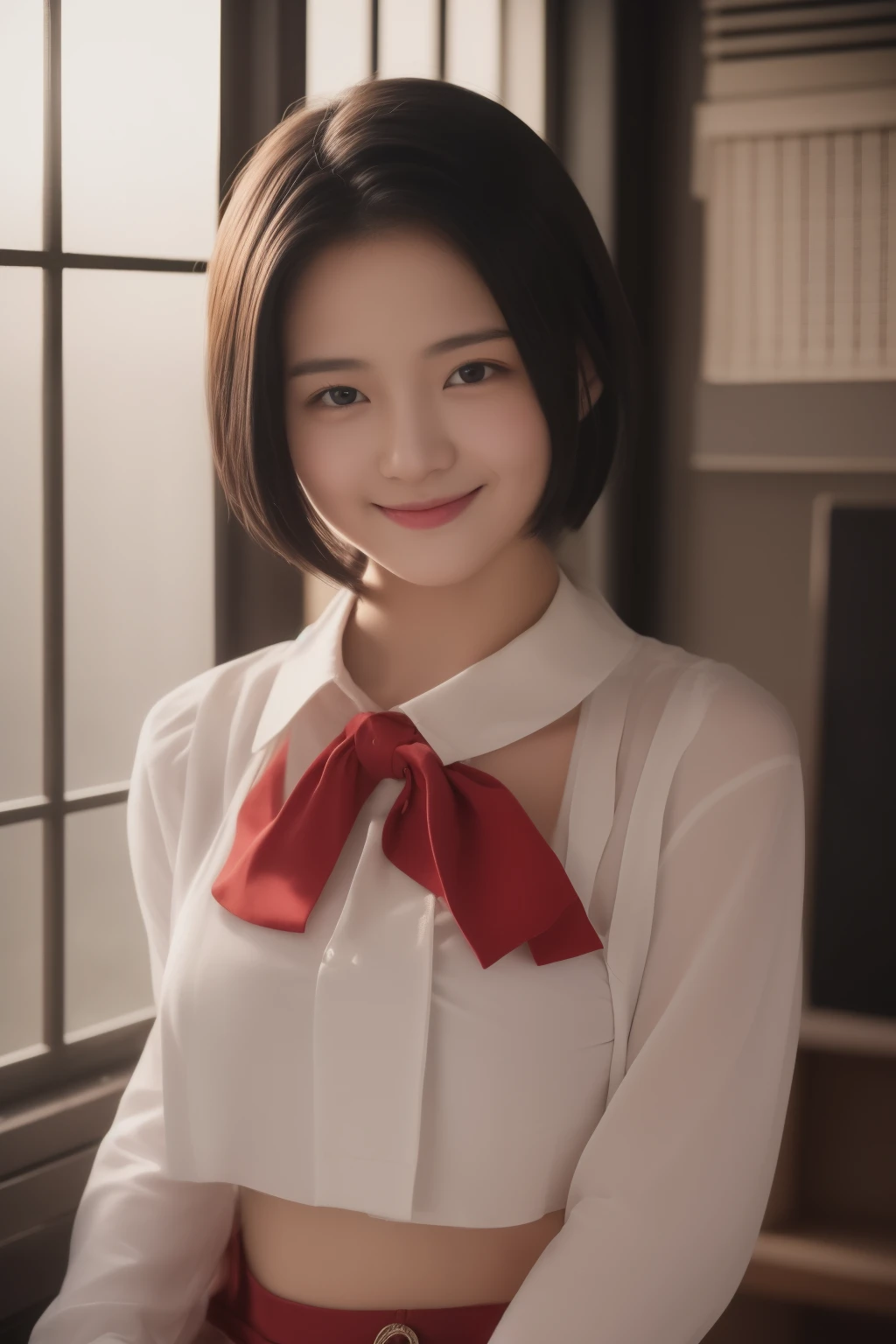 masterpiece、top-quality、realisitic、(A hyper-realistic), (illustratio), (hight resolution), (8K), (ighly detailed), (The best illustrations), (beatiful detailed eyes), (top-quality), (ultra-detailliert), (masterpiece), (wall-paper), (详细的脸), a bed、Upper body close-up,Armpit, A smile,Plump,独奏,(Wearing a silk plunged open shirt:1.5), full of sweat, japanes, large full breasts, (camel's toe)、huge-breasted、Luxury living room、Detailed white teeth、ultimate beauty girl、No bra、Wrap a red ribbon around your neck、perfect teeth、(hime cut hair)、Navel、
