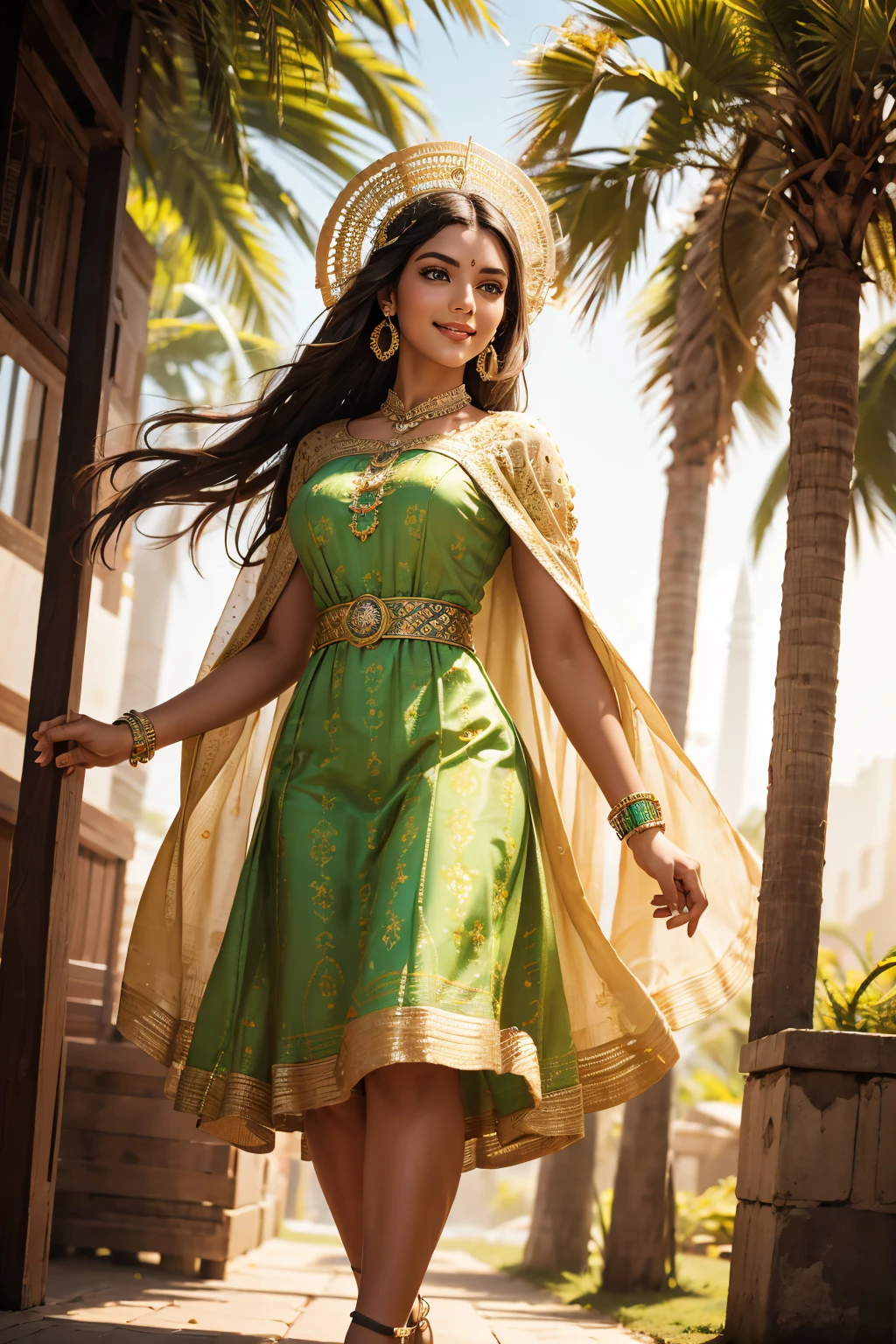 A stunning Indian beauty, with bright green eyes, with dark brown-black long wavey long hair, with mesmerizing feature masterpiece, top quality, best quality, official art, beautiful and aesthetic:1.2), (1girl), extreme detailed,(fractal art:1.3), colorful, highest detailed, (masterpiece, best quality:1.3) 1 bright-green-eyed woman, professional digital painting, Unreal Engine 5. wearing a Day dress in floral print, polka dots, modest tops, wide sleeves, or cape effect, slender bias cut body of dress that flared at the hem below the knee, matching thin belt with a high waist thick heeled full covered shoes, oxfords, Gloves gathered loosely at the cuff, holding a simple handbag with small angular hat and matching shoes, art deco jewelry earrings and bracelets Hopeful smiling expression, finely detailed eyes, happy mood, Wearing a full coverage blouse, epic scene, epic composition, Cinematic Lighting, Volumetric Lighting, ethereal light, intricate details, extremely detailed volumetric rays. [Beautiful girl in an Indian outfit, boho outfit, linen shirt, oil painting, Detailed facial features, Sunlight, bright colors, dramatic lighting, expressive eyes and lips, High Resolution, 4K quality, Photorealistic]
