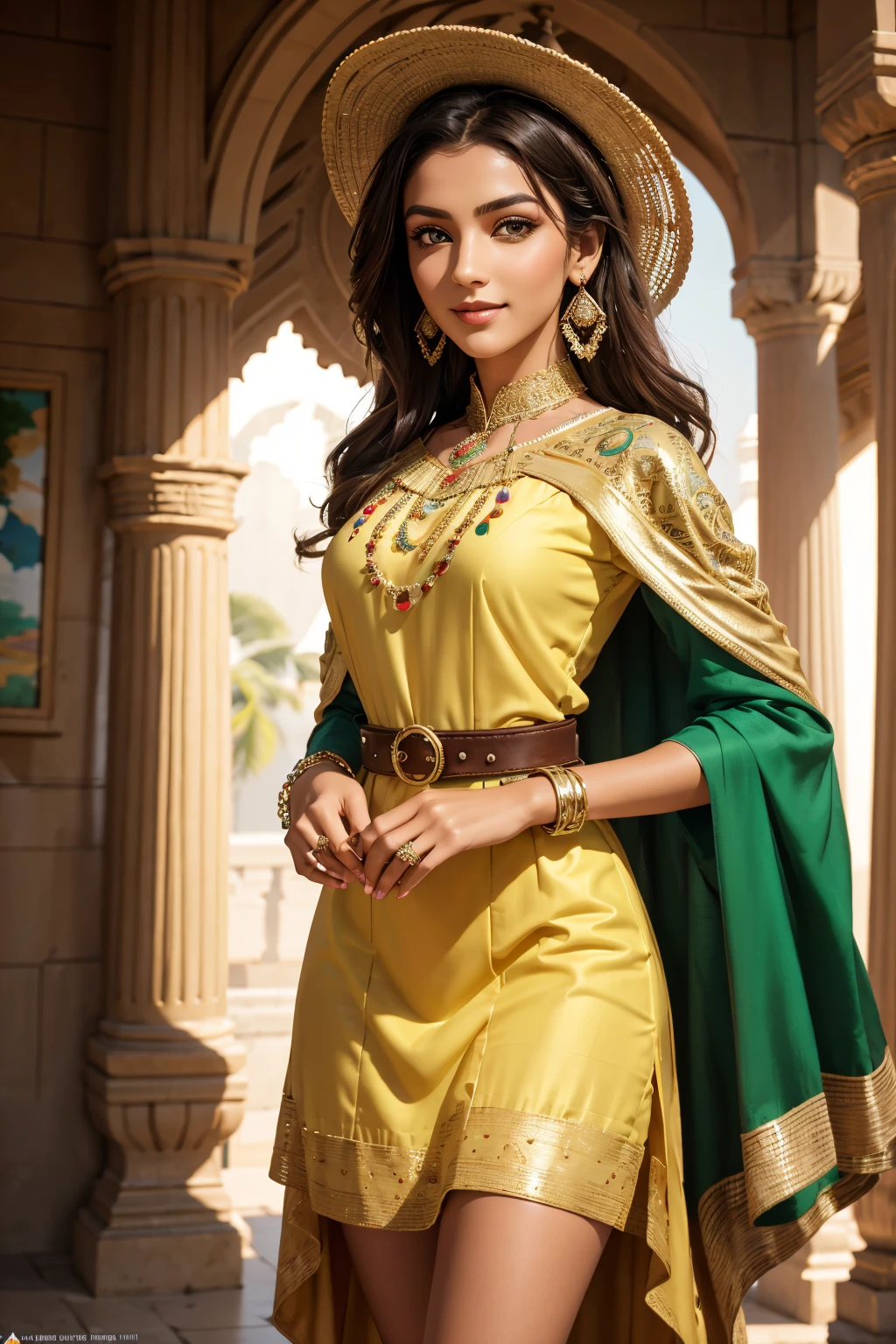 A stunning Indian beauty, with bright green eyes, with dark brown-black long wavey long hair, with mesmerizing feature masterpiece, top quality, best quality, official art, beautiful and aesthetic:1.2), (1girl), extreme detailed,(fractal art:1.3), colorful, highest detailed, (masterpiece, best quality:1.3) 1 bright-green-eyed woman, professional digital painting, Unreal Engine 5. wearing a Day dress in floral print, polka dots, modest tops, wide sleeves, or cape effect, slender bias cut body of dress that flared at the hem below the knee, matching thin belt with a high waist thick heeled full covered shoes, oxfords, Gloves gathered loosely at the cuff, holding a simple handbag with small angular hat and matching shoes, art deco jewelry earrings and bracelets Hopeful smiling expression, finely detailed eyes, happy mood, Wearing a full coverage blouse, epic scene, epic composition, Cinematic Lighting, Volumetric Lighting, ethereal light, intricate details, extremely detailed volumetric rays. [Beautiful girl in an Indian outfit, boho outfit, linen shirt, oil painting, Detailed facial features, Sunlight, bright colors, dramatic lighting, expressive eyes and lips, High Resolution, 4K quality, Photorealistic]
