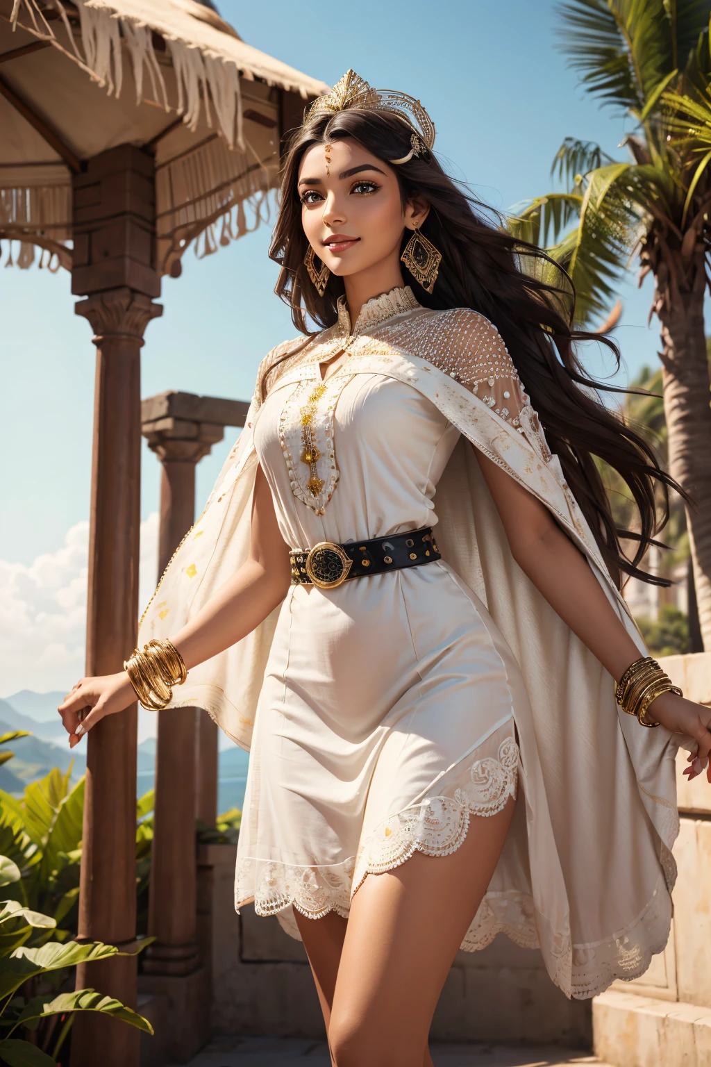 A stunning Indian beauty, with bright green eyes, with dark brown-black long wavey long hair, with mesmerizing feature masterpiece, top quality, best quality, official art, beautiful and aesthetic:1.2), (1girl), extreme detailed,(fractal art:1.3), colorful, highest detailed, (masterpiece, best quality:1.3) 1 bright-green-eyed woman, professional digital painting, Unreal Engine 5. wearing a Day dress in floral print, polka dots, modest tops, wide sleeves, or cape effect, slender bias cut body of dress that flared at the hem below the knee, matching thin belt with a high waist thick heeled full covered shoes, oxfords, Gloves gathered loosely at the cuff, holding a simple handbag with small angular hat and matching shoes, art deco jewelry earrings and bracelets Hopeful smiling expression, finely detailed eyes, happy mood, Wearing a full coverage blouse, epic scene, epic composition, Cinematic Lighting, Volumetric Lighting, ethereal light, intricate details, extremely detailed volumetric rays. [Beautiful girl in an Indian outfit, boho outfit, linen shirt, oil painting, Detailed facial features, Sunlight, bright colors, dramatic lighting, expressive eyes and lips, High Resolution, 4K quality, Photorealistic]
