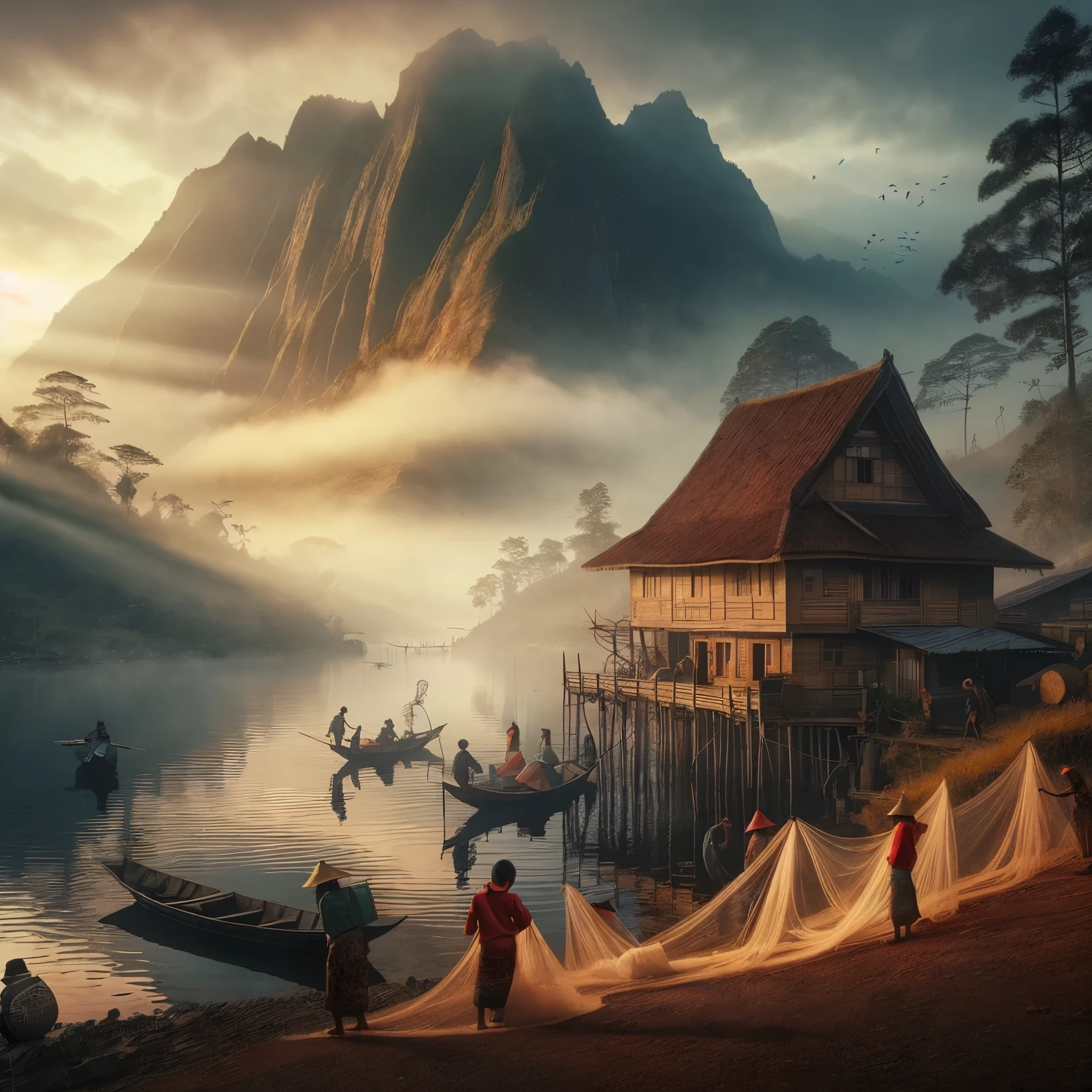 a traditional Minangkabau house located on the edge of a lake with dramatic light mist in the morning, several fishermen are throwing their nets, children are walking to school. background of a super high mountain whose peak cannot be seen, ultra realistic, cinematic, 32K, UHD