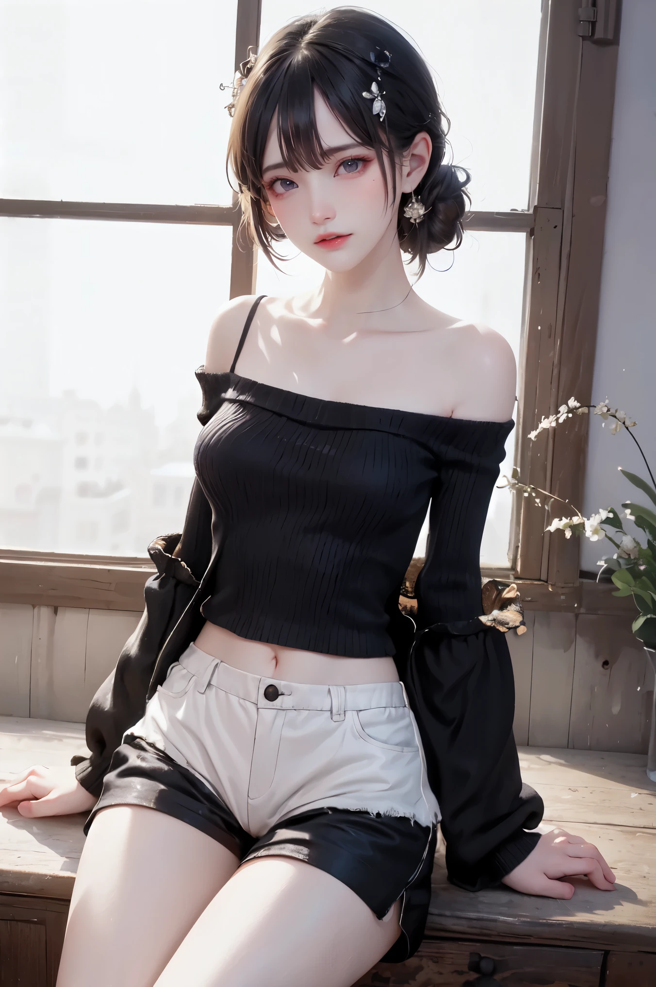 tmasterpiece,best qualtiy,1 girlirl,Short flowing black hair,Camelier top,White and delicate skin,Crop topping,Ultra shorts,Sit on the ground with your legs,Beautiful and delicate face,Elaborate Eyes,Light