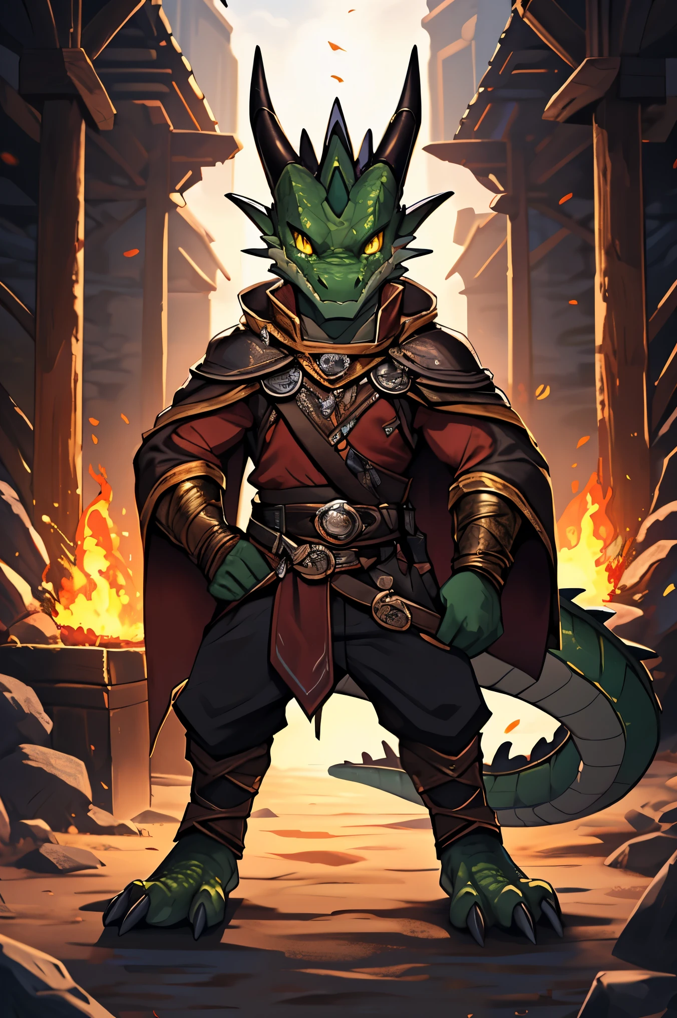 (4k,8k,best quality, masterpiece:1.2), dragon face, dragon eyes, ((cowboy shot)), realistic colors, studio lightning, ((bald, green scales, yellow eyes, dragon eyes, glowing eyes, dragon ears, dragon scales in his skin, dragon horn, small kobold, three feet size)), kobold male, small mouth, looking at viewer, confident pose, envy, highres, fire mage, night desert, emerald jewel detail, monsters in scenario, leather clothes