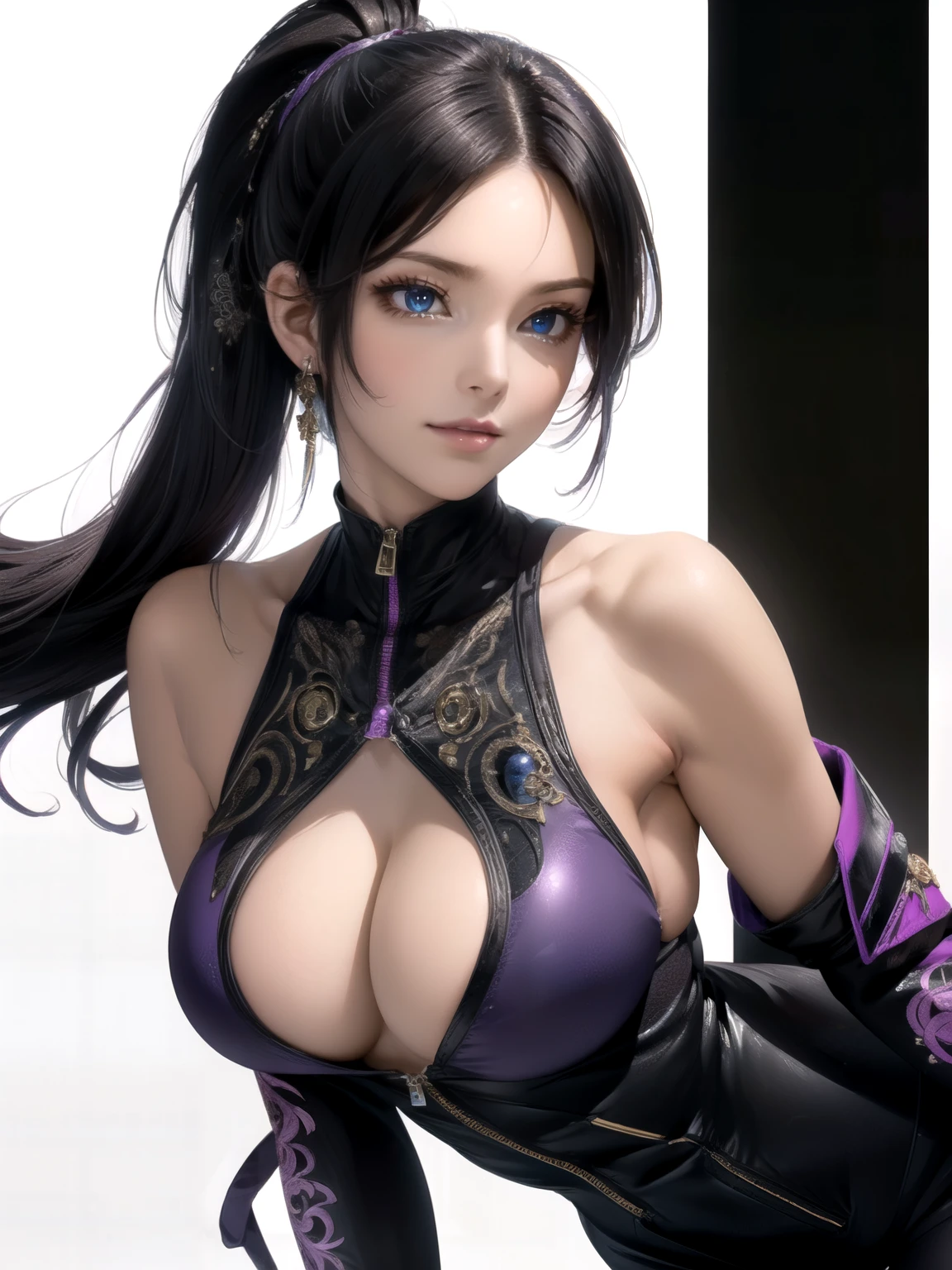 (masterpiece, highest quality, 16k, 8k, ultra High resolution, pure white background, long hair, black hair, blue eyes, ponytail, High resolution:1.0), Haruhiko_ichijou, black jumpsuit, compensate, purple lipstick, purple eye shadow, beautiful face, The face of hyper detail, Hyper Detail Bodysuit, Zipper half open, cleavage, (((big breasts:1.2))), (((alone:1.5))), ((mature woman, mature woman, 35 years old)), gorgeous body, (((Upper body, half body shot:1.5))), ((hyper detail eyeshadow, hyper detail lipstick)), (((looking at camera, symmetrical, sharp focus, intricate details, elegant, concept art, cinematic))), (look directly:1.4),