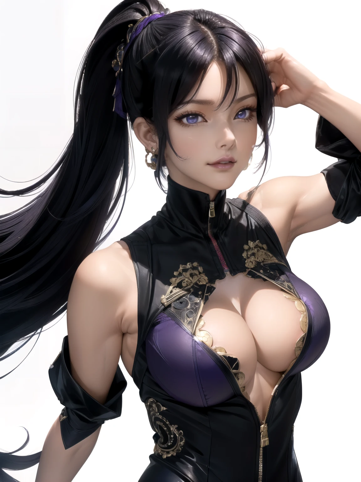 (masterpiece, highest quality, 16k, 8k, ultra High resolution, pure white background, long hair, black hair, blue eyes, ponytail, High resolution:1.0), Haruhiko_ichijou, black jumpsuit, compensate, purple lipstick, purple eye shadow, beautiful face, The face of hyper detail, Hyper Detail Bodysuit, Zipper half open, cleavage, (((big breasts:1.2))), (((alone:1.5))), ((mature woman, mature woman, 35 years old)), gorgeous body, (((Upper body, half body shot:1.5))), ((hyper detail eyeshadow, hyper detail lipstick)), (((looking at camera, symmetrical, sharp focus, intricate details, elegant, concept art, cinematic))), (look directly:1.4),