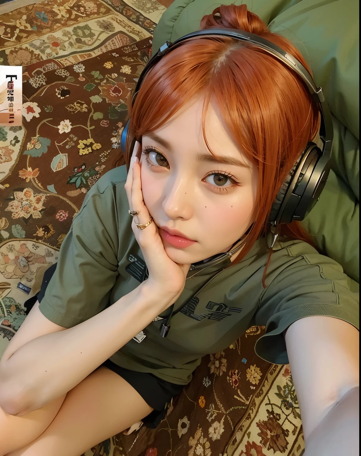 there is a woman with headphones on sitting on a rug, realistic artstyle, realistic anime artstyle, anime realism style, anime realism, realistic anime 3 d style, realism artstyle, realistic anime art style, 🤤 girl portrait, realistic art style, photorealistic artstyle, realistic anime, artwork in the style of guweiz, yunjin lesserafim