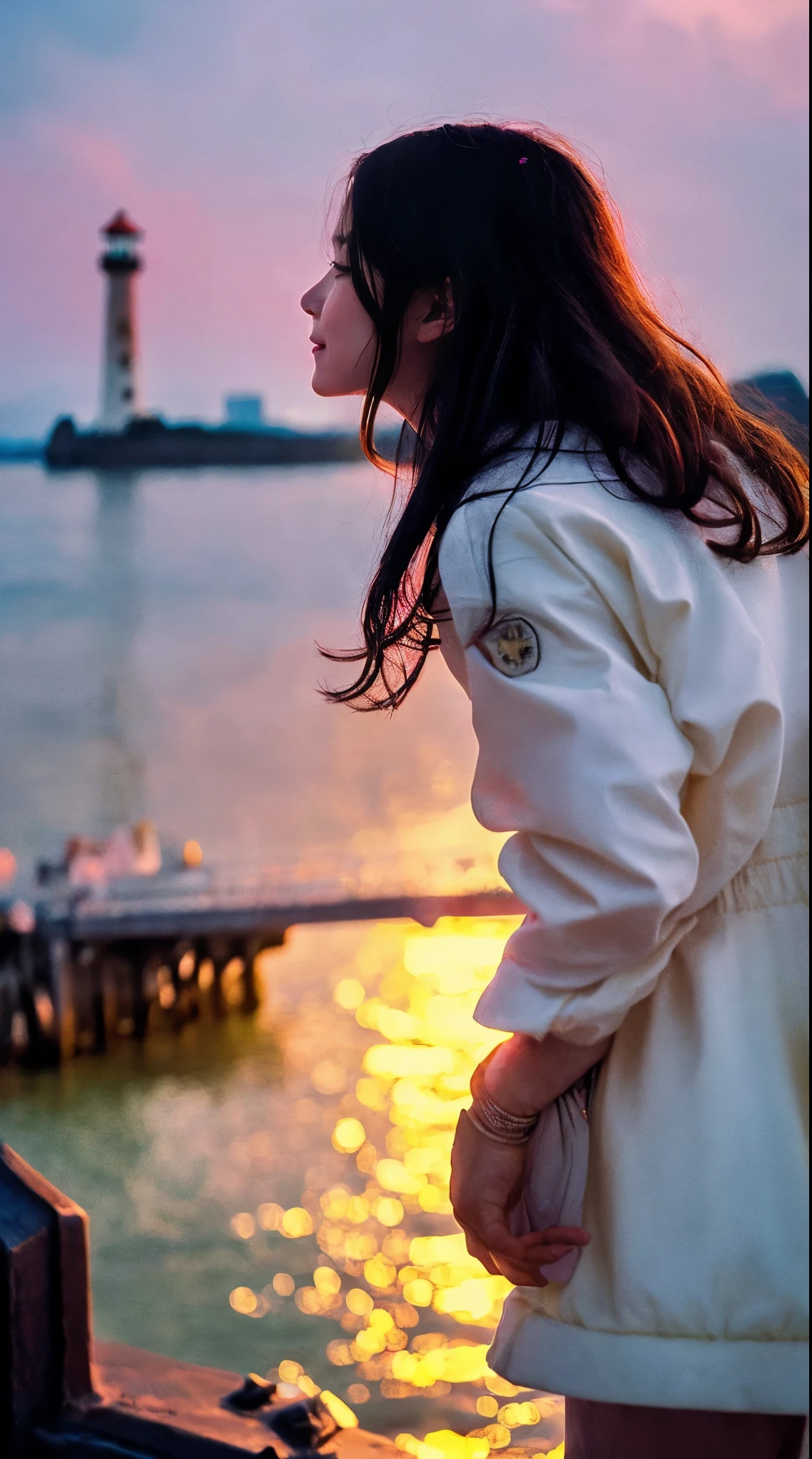 cinematic film still, 1girl, solo, little smile, beach,(sunset:1.1),  rio_kitagawa(gravure idol), solo,  star hair ornament, twin braids,sparkle, from behind, looking back, huge sunset,red floating, uniform, night, waving, sea, 1 lighthouse, . shallow depth of field, vignette, highly detailed, high budget, bokeh, cinemascope, moody, epic, gorgeous