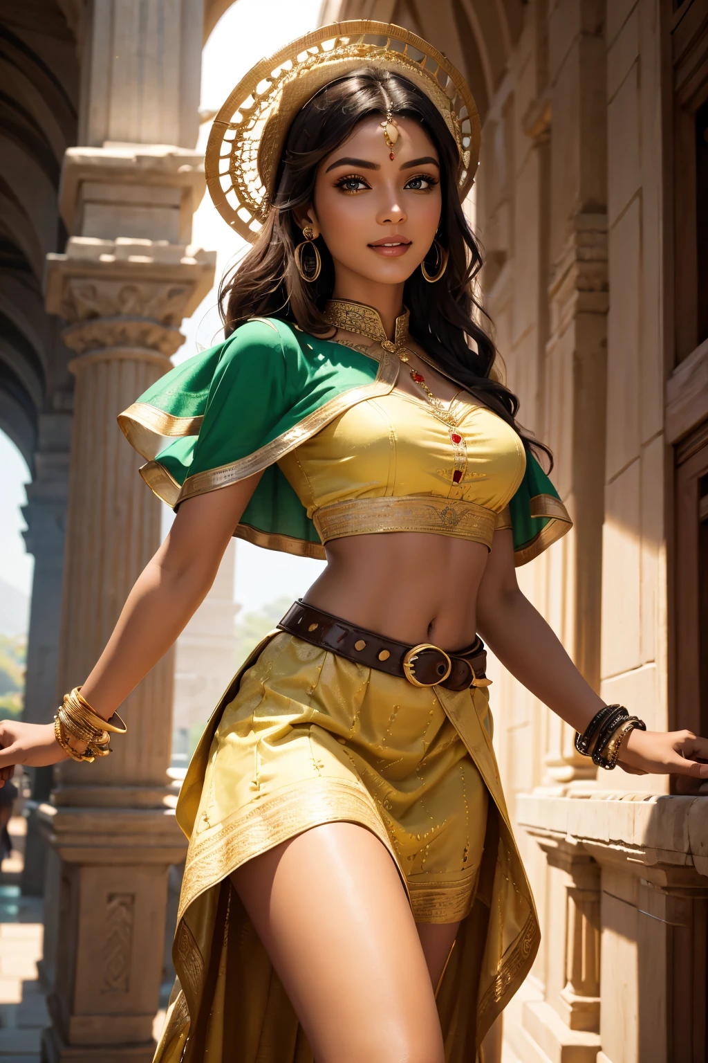 A stunning Indian beauty, with bright green eyes, with dark brown-black long wavey long hair, with mesmerizing feature masterpiece, top quality, best quality, official art, beautiful and aesthetic:1.2), (1girl), extreme detailed,(fractal art:1.3), colorful, highest detailed, (masterpiece, best quality:1.3) 1 bright-green-eyed woman, professional digital painting, Unreal Engine 5. wearing a Day dress in floral print, polka dots, modest tops, wide sleeves, or cape effect, slender bias cut body of dress that flared at the hem below the knee, matching thin belt with a high waist thick heeled full covered shoes, oxfords, Gloves gathered loosely at the cuff, holding a simple handbag with small angular hat and matching shoes, art deco jewelry earrings and bracelets Hopeful smiling expression, finely detailed eyes, happy mood, Wearing a full coverage blouse, epic scene, epic composition, Cinematic Lighting, Volumetric Lighting, ethereal light, intricate details, extremely detailed volumetric rays. [Beautiful girl in an Indian outfit, boho outfit, linen shirt, oil painting, Detailed facial features, Sunlight, bright colors, dramatic lighting, expressive eyes and lips, High Resolution, 4K quality, Photorealistic]

