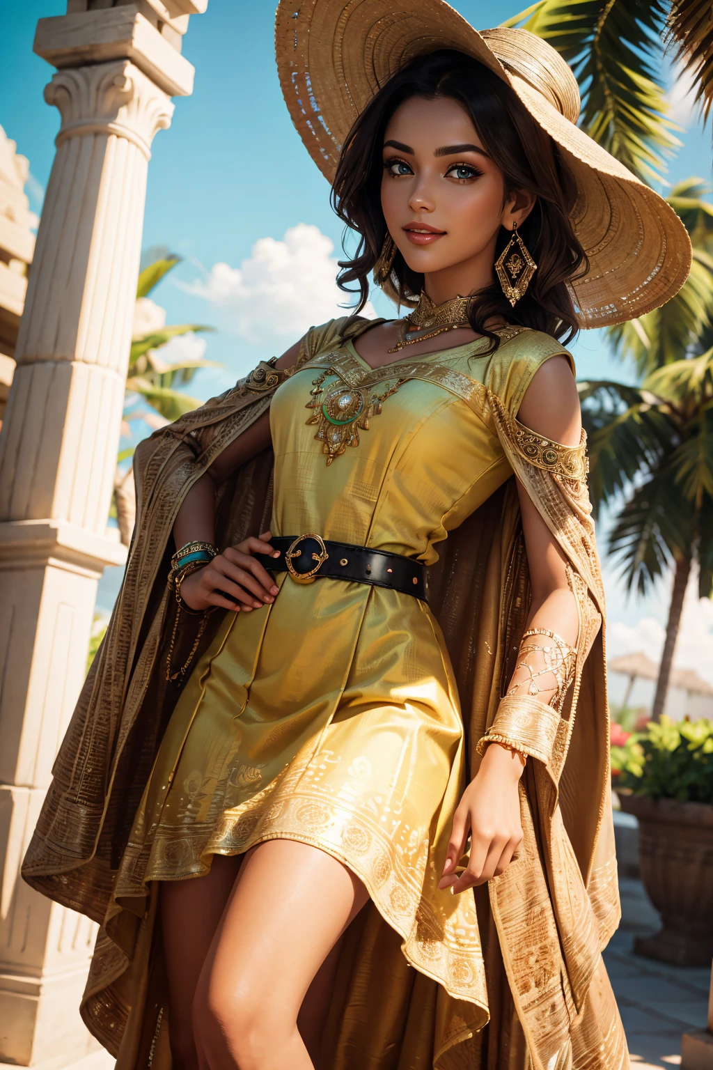 A stunning Indian beauty, with bright green eyes, with dark brown-black long wavey long hair, with mesmerizing feature masterpiece, top quality, best quality, official art, beautiful and aesthetic:1.2), (1girl), extreme detailed,(fractal art:1.3), colorful, highest detailed, (masterpiece, best quality:1.3) 1 bright-green-eyed woman, professional digital painting, Unreal Engine 5. wearing a Day dress in floral print, polka dots, modest tops, wide sleeves, or cape effect, slender bias cut body of dress that flared at the hem below the knee, matching thin belt with a high waist thick heeled full covered shoes, oxfords, Gloves gathered loosely at the cuff, holding a simple handbag with small angular hat and matching shoes, art deco jewelry earrings and bracelets Hopeful smiling expression, finely detailed eyes, happy mood, Wearing a full coverage blouse, epic scene, epic composition, Cinematic Lighting, Volumetric Lighting, ethereal light, intricate details, extremely detailed volumetric rays. [Beautiful girl in an Indian outfit, boho outfit, linen shirt, oil painting, Detailed facial features, Sunlight, bright colors, dramatic lighting, expressive eyes and lips, High Resolution, 4K quality, Photorealistic]
