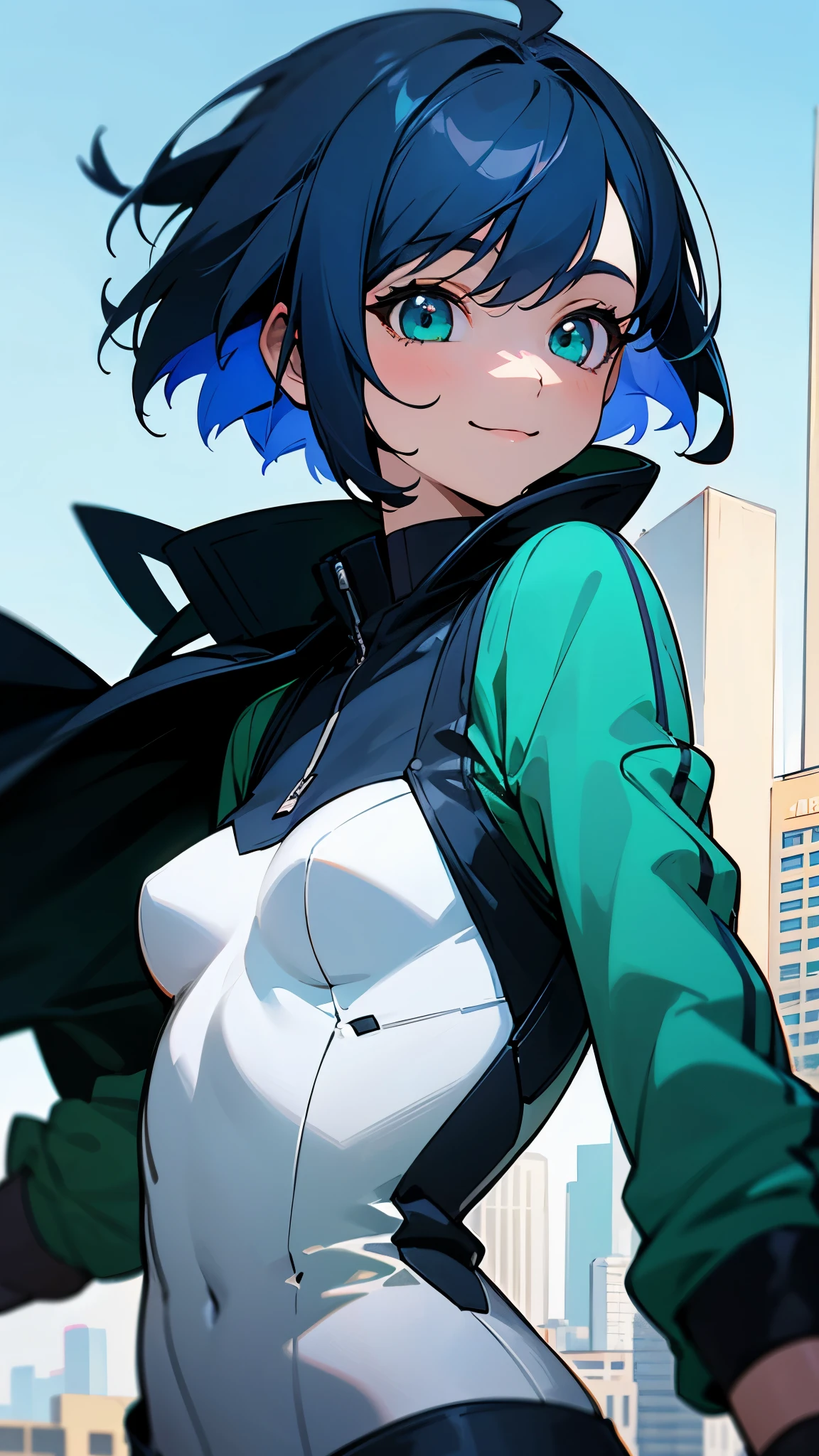 lively girl、small breasts、riders jacket、dark blue hair、bob hair、green round eyes、From the side、gloves、bright smile、skyscraper、rooftop、Blowin' in the wind、blue sky、upper body close-up、sharp outline