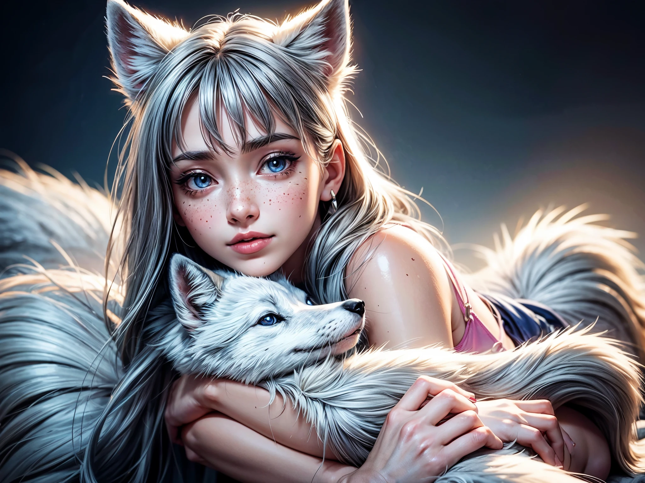 (best quality,ultra-detailed),(realistic:1.37),A girl holding an arctic fox in her arms,beautiful detailed eyes,beautiful detailed lips,extremely detailed face,long eyelashes,soft and flowing hair,adorable freckles,gentle smile,warm and happy expression,tender love and care,comfortable clothing,soft pastel colors,portraits,photography,vivid colors,natural lighting