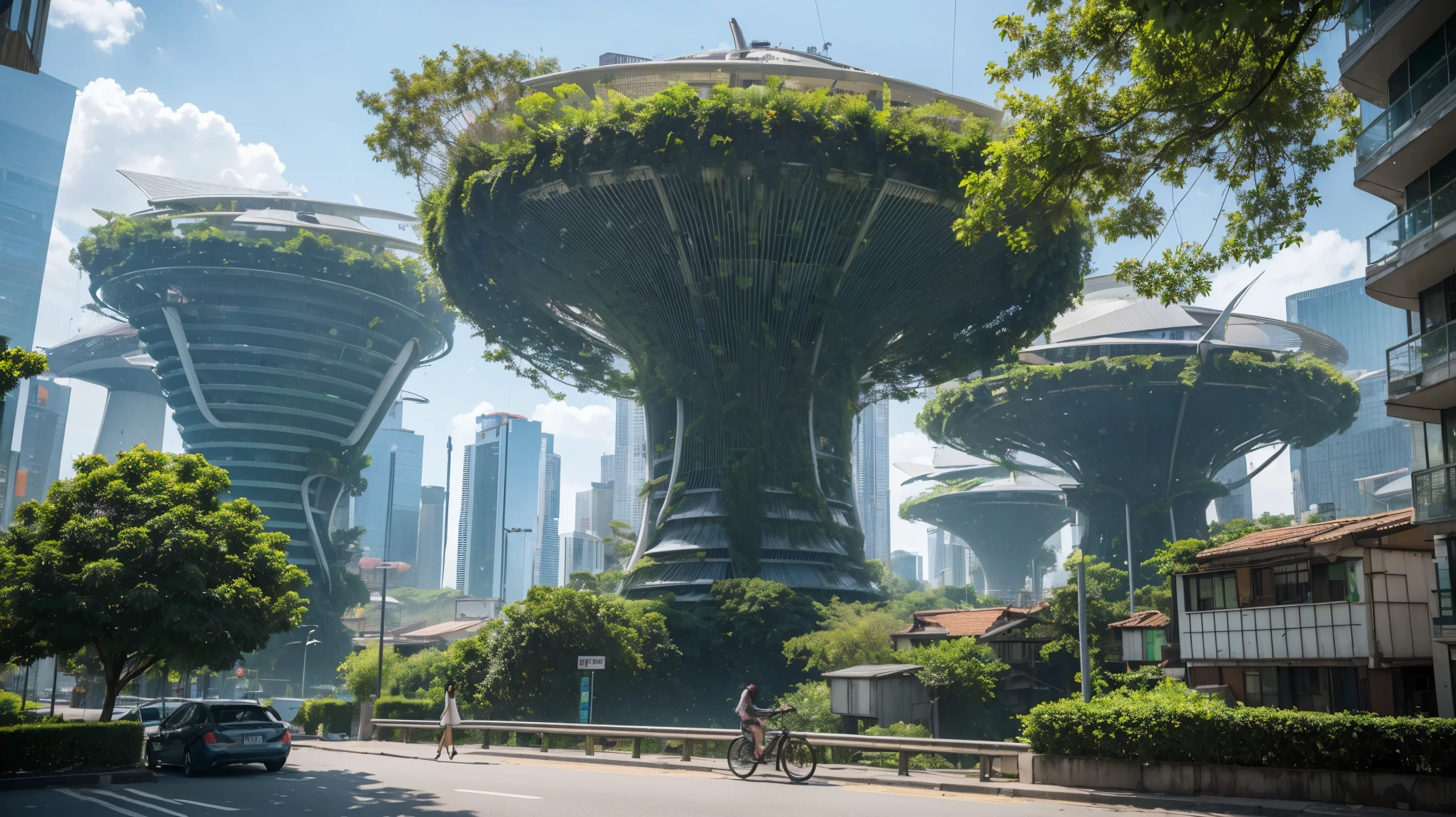In the heart of a futuristic green city, the vibrant hues of lush greenery and advanced architectural structures converge in a breathtaking tableau. Building facades, adorned with luscious vegetation and sculpted in sleek lines, soar towards the sky. The streets bustle with the hum of advanced technology, intermingling with the gentle rustling of leaves. Solar panels and wind turbines dot the rooftops, generating clean energy for this eco-conscious urban wonderland. Pedestrians, clad in futuristic attire, glide effortlessly along neon-lit pathways. The city's inhabitants move about their daily lives