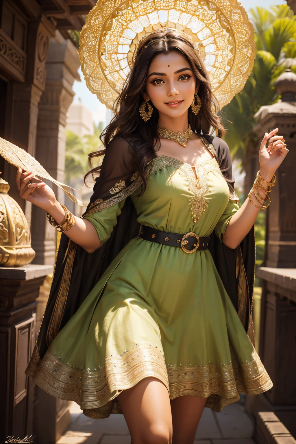 A stunning Indian beauty, with bright green eyes, with dark brown-black long wavey long hair, with mesmerizing feature masterpiece, top quality, best quality, official art, beautiful and aesthetic:1.2), (1girl), extreme detailed,(fractal art:1.3), colorful, highest detailed, (masterpiece, best quality:1.3) 1 bright-green-eyed woman, professional digital painting, Unreal Engine 5. wearing a Day dress in floral print, polka dots, modest tops, wide sleeves, or cape effect, slender bias cut body of dress that flared at the hem below the knee, matching thin belt with a high waist thick heeled full covered shoes, oxfords, Gloves gathered loosely at the cuff, holding a simple handbag with small angular hat and matching shoes, art deco jewelry earrings and bracelets Hopeful smiling expression, finely detailed eyes, happy mood, Wearing a full coverage blouse, epic scene, epic composition, Cinematic Lighting, Volumetric Lighting, ethereal light, intricate details, extremely detailed volumetric rays. [Beautiful girl in an Indian outfit, boho outfit, linen shirt, oil painting, Detailed facial features, Sunlight, bright colors, dramatic lighting, expressive eyes and lips, High Resolution, 4K quality, Photorealistic]
