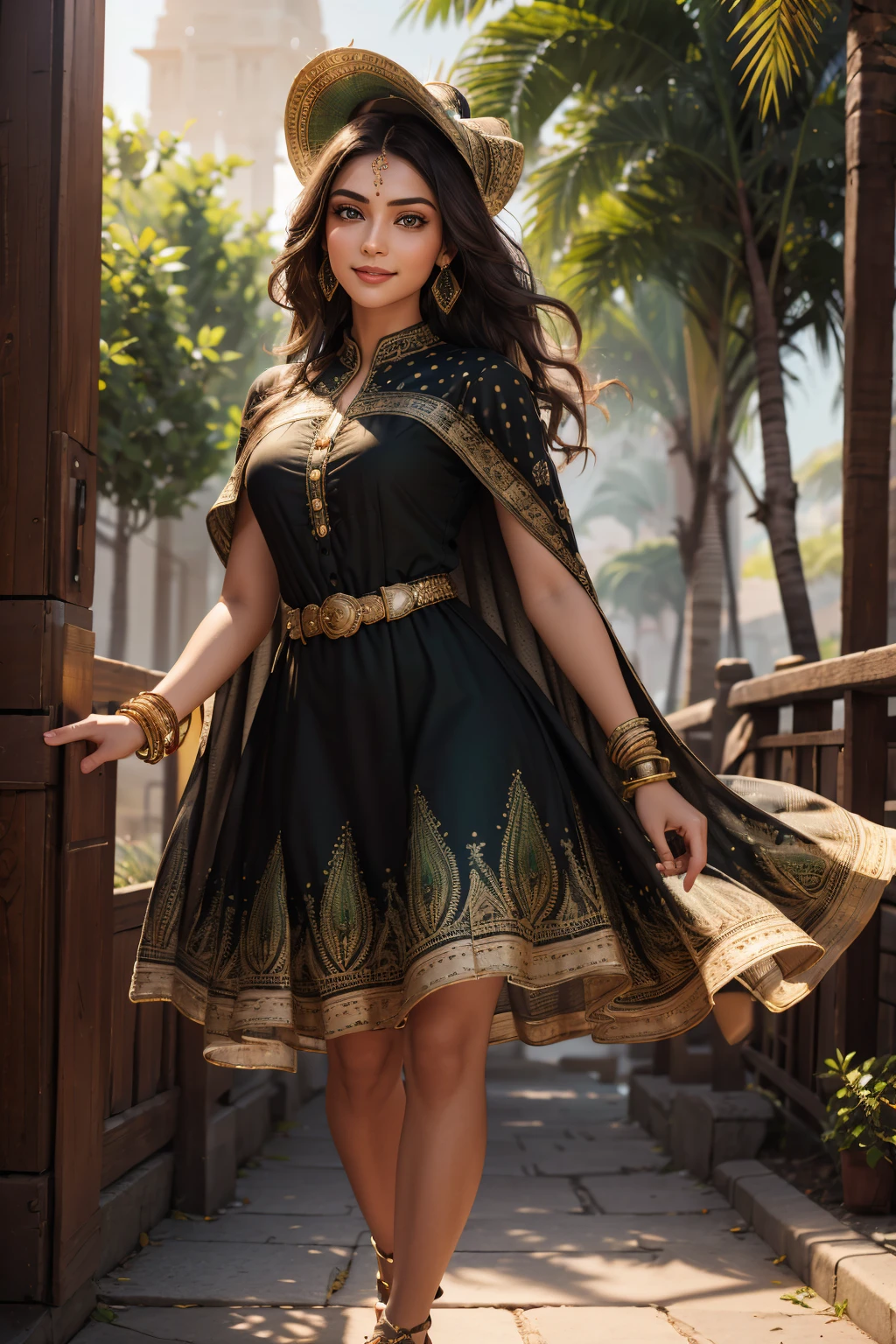 A stunning Indian beauty, with bright green eyes, with dark brown-black long wavey long hair, with mesmerizing feature masterpiece, top quality, best quality, official art, beautiful and aesthetic:1.2), (1girl), extreme detailed,(fractal art:1.3), colorful, highest detailed, (masterpiece, best quality:1.3) 1 bright-green-eyed woman, professional digital painting, Unreal Engine 5. wearing a Day dress in floral print, polka dots, modest tops, wide sleeves, or cape effect, slender bias cut body of dress that flared at the hem below the knee, matching thin belt with a high waist thick heeled full covered shoes, oxfords, Gloves gathered loosely at the cuff, holding a simple handbag with small angular hat and matching shoes, art deco jewelry earrings and bracelets Hopeful smiling expression, finely detailed eyes, happy mood, Wearing a full coverage blouse, epic scene, epic composition, Cinematic Lighting, Volumetric Lighting, ethereal light, intricate details, extremely detailed volumetric rays. [Beautiful girl in an Indian outfit, boho outfit, linen shirt, oil painting, Detailed facial features, Sunlight, bright colors, dramatic lighting, expressive eyes and lips, High Resolution, 4K quality, Photorealistic]
