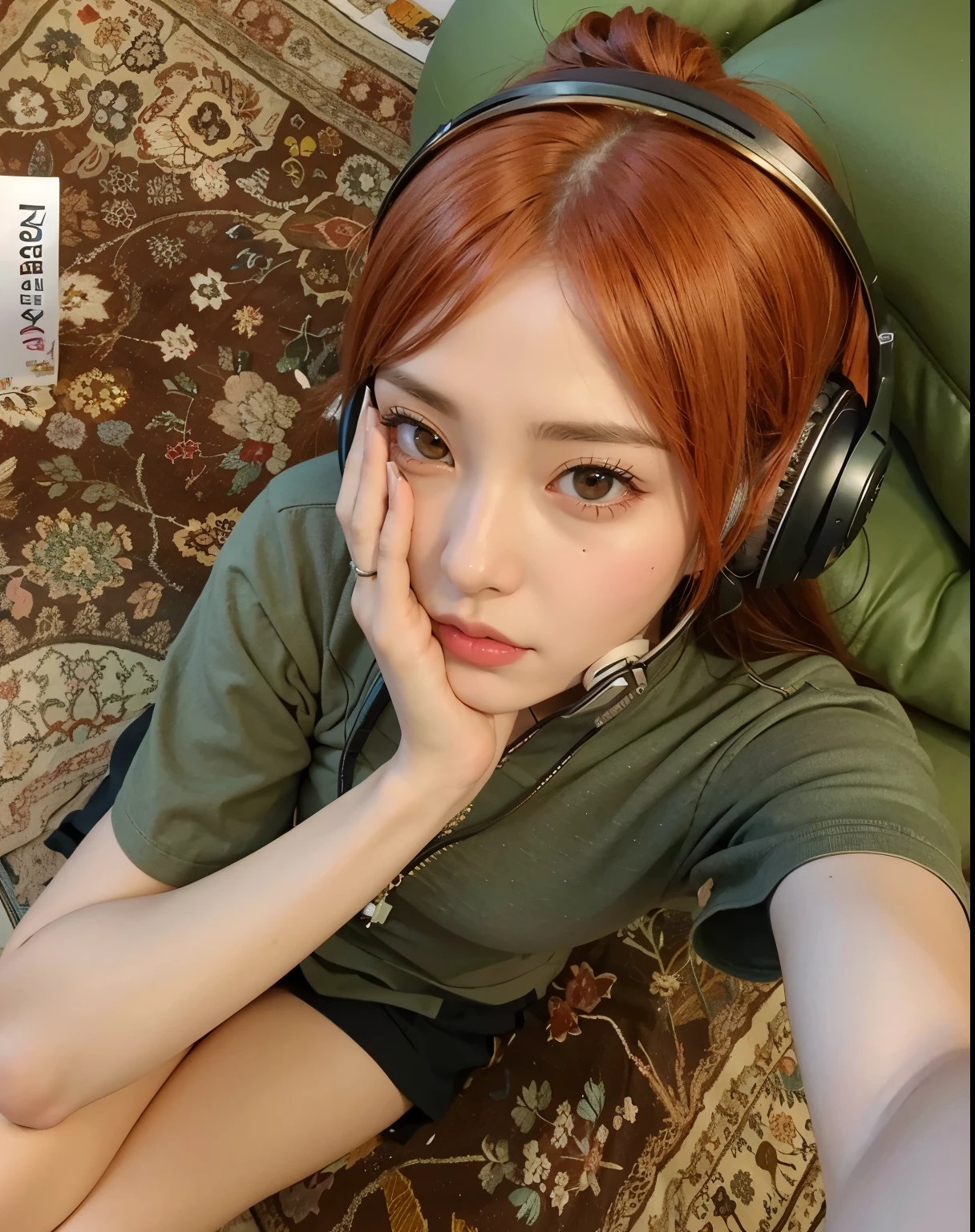 there is a woman with headphones on sitting on a rug, realistic artstyle, realistic anime artstyle, anime realism style, anime realism, realistic anime 3 d style, realism artstyle, realistic anime art style, 🤤 girl portrait, realistic art style, photorealistic artstyle, realistic anime, artwork in the style of guweiz, yunjin lesserafim 