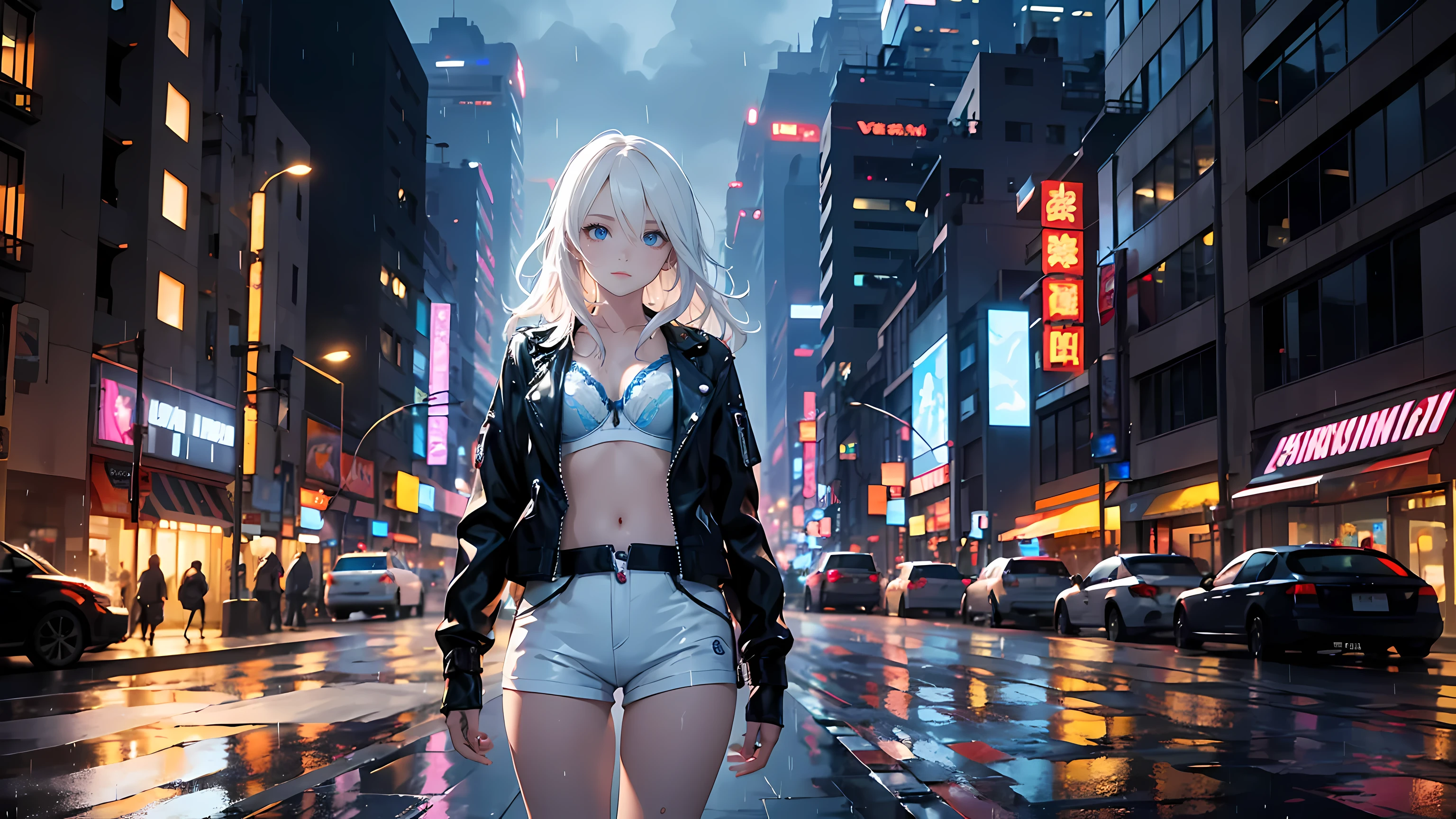 one beautiful girl, detailed beautiful hair, detailed beautiful eyes, long white hair, blue eyes, small breasts, loose unzipped leather jacket, white bra, tight white shorts, standing on sidewalk, evening, nighttime, night, city lights, big city, cyberpunk city, rain, soaking wet, standing, cowboy shot, cinematic lighting, dramatic lighting,