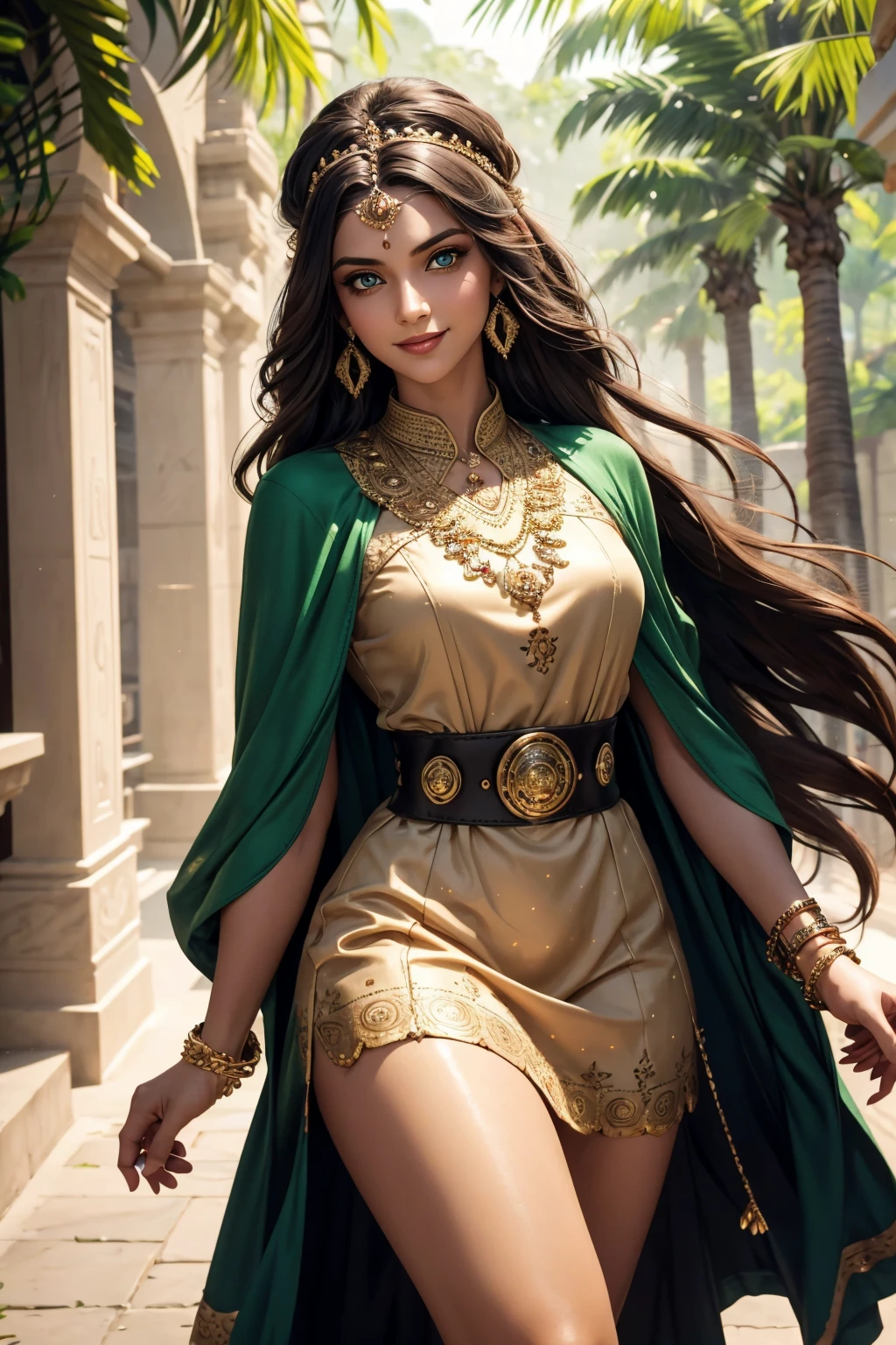 A stunning Indian beauty, with bright green eyes, with dark brown-black long wavey long hair, with mesmerizing feature masterpiece, top quality, best quality, official art, beautiful and aesthetic:1.2), (1girl), extreme detailed,(fractal art:1.3), colorful, highest detailed, (masterpiece, best quality:1.3) 1 bright-green-eyed woman, professional digital painting, Unreal Engine 5. wearing a Day dress in floral print, polka dots, modest tops, wide sleeves, or cape effect, slender bias cut body of dress that flared at the hem below the knee, matching thin belt with a high waist thick heeled full covered shoes, oxfords, Gloves gathered loosely at the cuff, holding a simple handbag with small angular hat and matching shoes, art deco jewelry earrings and bracelets Hopeful smiling expression, finely detailed eyes, happy mood, Wearing a full coverage blouse, epic scene, epic composition, Cinematic Lighting, Volumetric Lighting, ethereal light, intricate details, extremely detailed volumetric rays. [Beautiful girl in an Indian outfit, boho outfit, linen shirt, oil painting, Detailed facial features, Sunlight, bright colors, dramatic lighting, expressive eyes and lips, High Resolution, 4K quality, Photorealistic]
