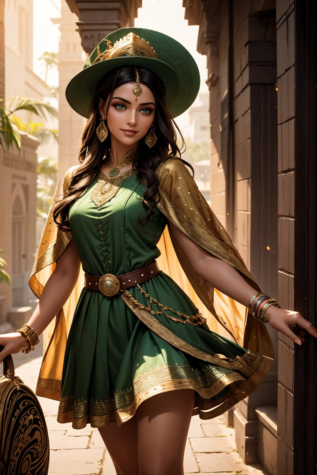 A stunning Indian beauty, with bright green eyes, with dark brown-black long wavey long hair, with mesmerizing feature masterpiece, top quality, best quality, official art, beautiful and aesthetic:1.2), (1girl), extreme detailed,(fractal art:1.3), colorful, highest detailed, (masterpiece, best quality:1.3) 1 bright-green-eyed woman, professional digital painting, Unreal Engine 5. wearing a Day dress in floral print, polka dots, modest tops, wide sleeves, or cape effect, slender bias cut body of dress that flared at the hem below the knee, matching thin belt with a high waist thick heeled full covered shoes, oxfords, Gloves gathered loosely at the cuff, holding a simple handbag with small angular hat and matching shoes, art deco jewelry earrings and bracelets Hopeful smiling expression, finely detailed eyes, happy mood, Wearing a full coverage blouse, epic scene, epic composition, Cinematic Lighting, Volumetric Lighting, ethereal light, intricate details, extremely detailed volumetric rays. [Beautiful girl in an Indian outfit, boho outfit, linen shirt, oil painting, Detailed facial features, Sunlight, bright colors, dramatic lighting, expressive eyes and lips, High Resolution, 4K quality, Photorealistic]
