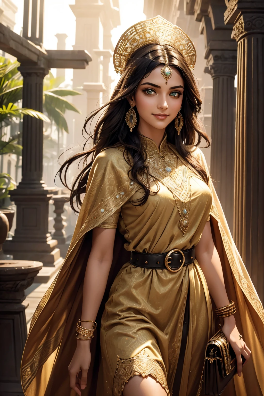 A stunning Indian beauty, with bright green eyes, with dark brown-black long wavey long hair, with mesmerizing feature masterpiece, top quality, best quality, official art, beautiful and aesthetic:1.2), (1girl), extreme detailed,(fractal art:1.3), colorful, highest detailed, (masterpiece, best quality:1.3) 1 bright-green-eyed woman, professional digital painting, Unreal Engine 5. wearing a Day dress in floral print, polka dots, modest tops, wide sleeves, or cape effect, slender bias cut body of dress that flared at the hem below the knee, matching thin belt with a high waist thick heeled full covered shoes, oxfords, Gloves gathered loosely at the cuff, holding a simple handbag with small angular hat and matching shoes, art deco jewelry earrings and bracelets Hopeful smiling expression, finely detailed eyes, happy mood, Wearing a full coverage blouse, epic scene, epic composition, Cinematic Lighting, Volumetric Lighting, ethereal light, intricate details, extremely detailed volumetric rays. [Beautiful girl in an Indian outfit, boho outfit, linen shirt, oil painting, Detailed facial features, Sunlight, bright colors, dramatic lighting, expressive eyes and lips, High Resolution, 4K quality, Photorealistic]
