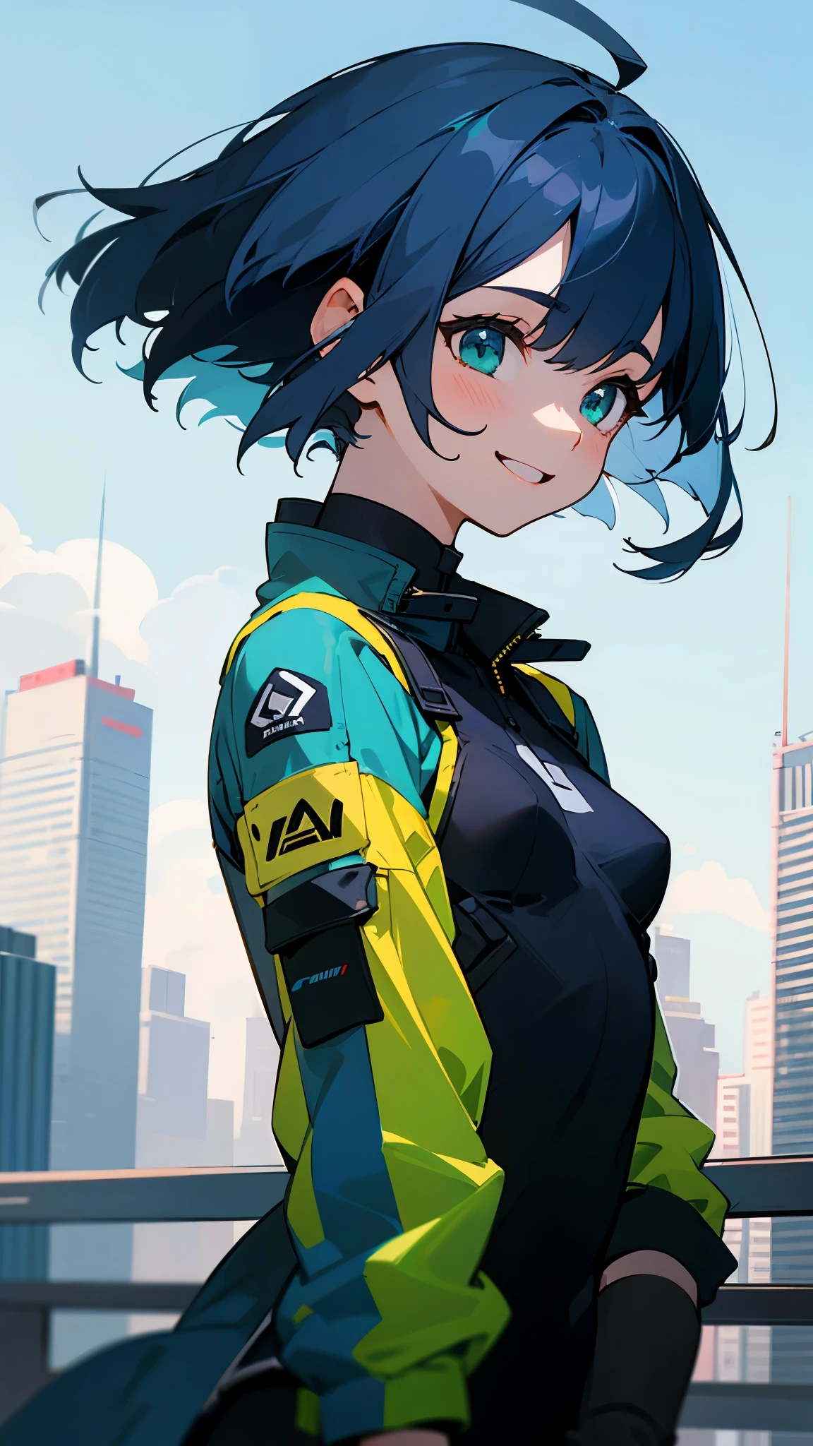 lively girl、small breasts、riders jacket、dark blue hair、bob hair、green round eyes、From the side、gloves、bright smile、skyscraper、rooftop、Blowin' in the wind、blue sky、upper body close-up、sharp outline