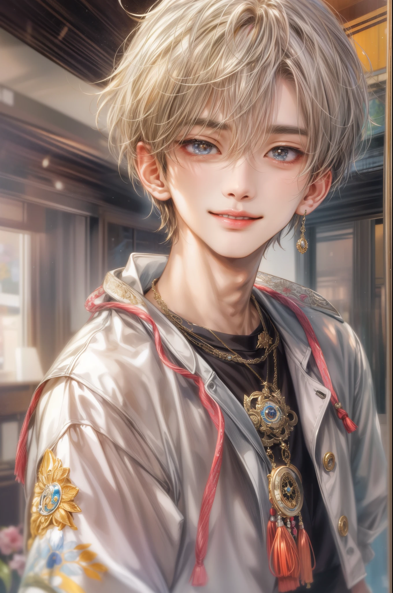 ((Best quality)), ((masterpiece)), (detailed), ((perfect face)), ((halfbody)) handsome face, male, boy, perfect proportions , a character from anime ashita no nadja, casual outfit, detailed school interior scenery background