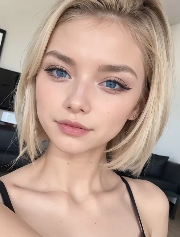 a woman with blonde hair and blue eyes wearing a black bra, rosto perfeito ), cabelo loiro e olhos grandes, flawless face, maquiagem sutil, maquiagem suave, Beautiful pale makeup, linda maquiagem, fofo - bom - rosto, rosto bonito e bonito, rosto perfeito, rosto perfeito and eyes, linda garota loira, rosto perfeito detalhado, rosto extremamente lindo, rosto bonito e bonito