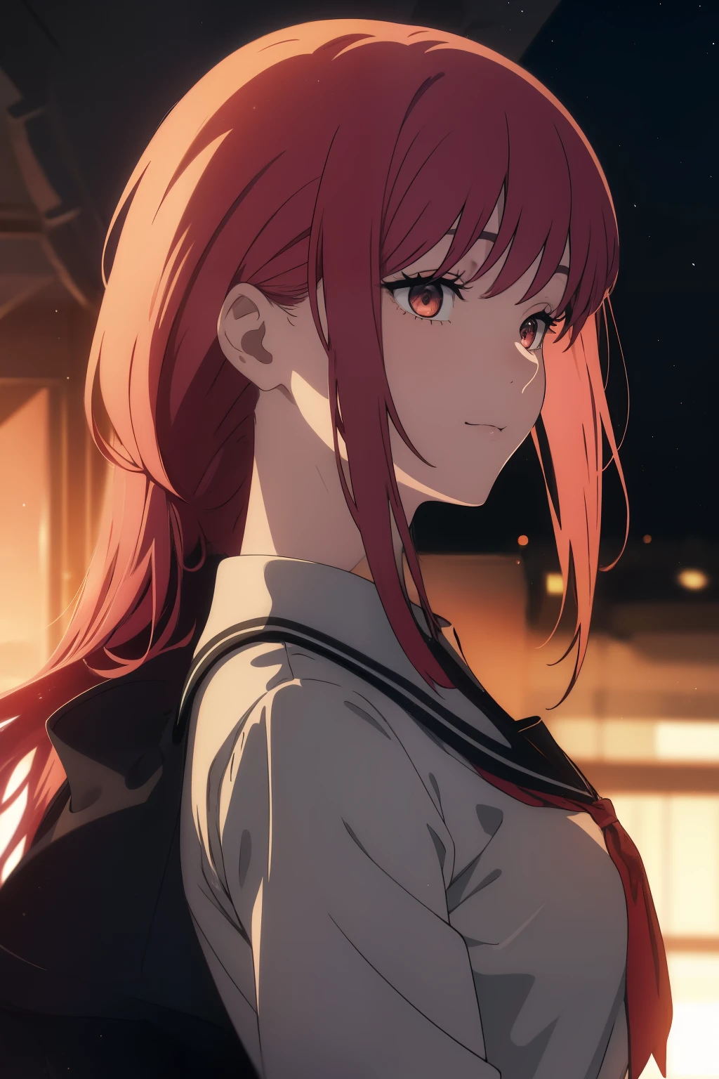 ((((Obra maestra, La mejor calidad, ultrahigh resolution)))), beautiful face, beautiful girl, 1girl, looking at viewer, standing, upper body, red hair, beautiful face, outside, wind blowing, detailed face, eyeliner, detailed red gradient eyes, shiny red eyes, black pupils, school uniform, face focus, pretty smile, happy, teeth, wide smile, beautiful side profile, side angle, wind in hair
