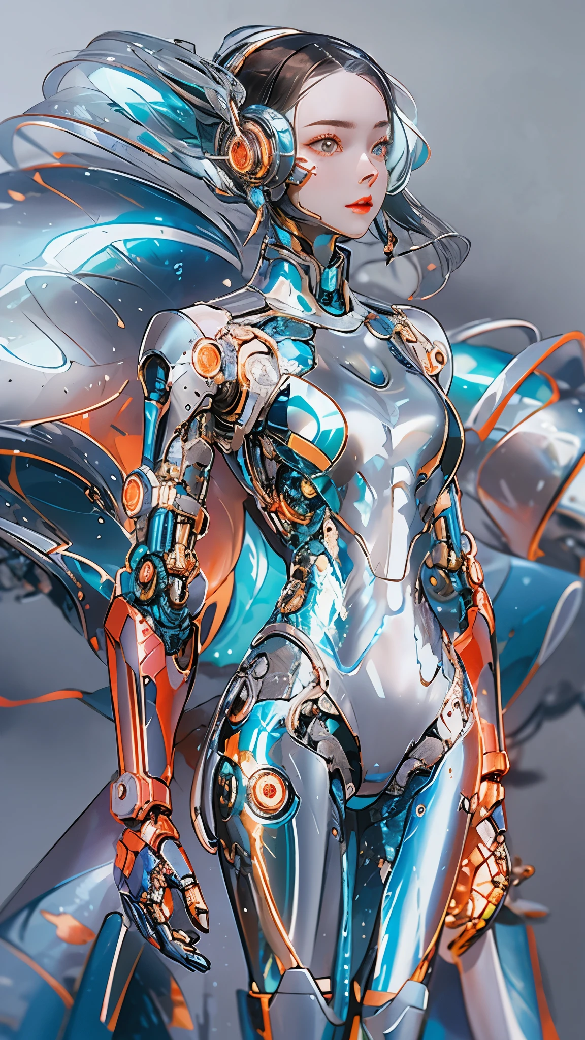 a image of a woman wearing colorful robot tech, in the style of free-flowing surrealism, shiny/glossy, precise and lifelike, hard surface modeling, precisionist lines, light silver and azure, engineering/construction and design