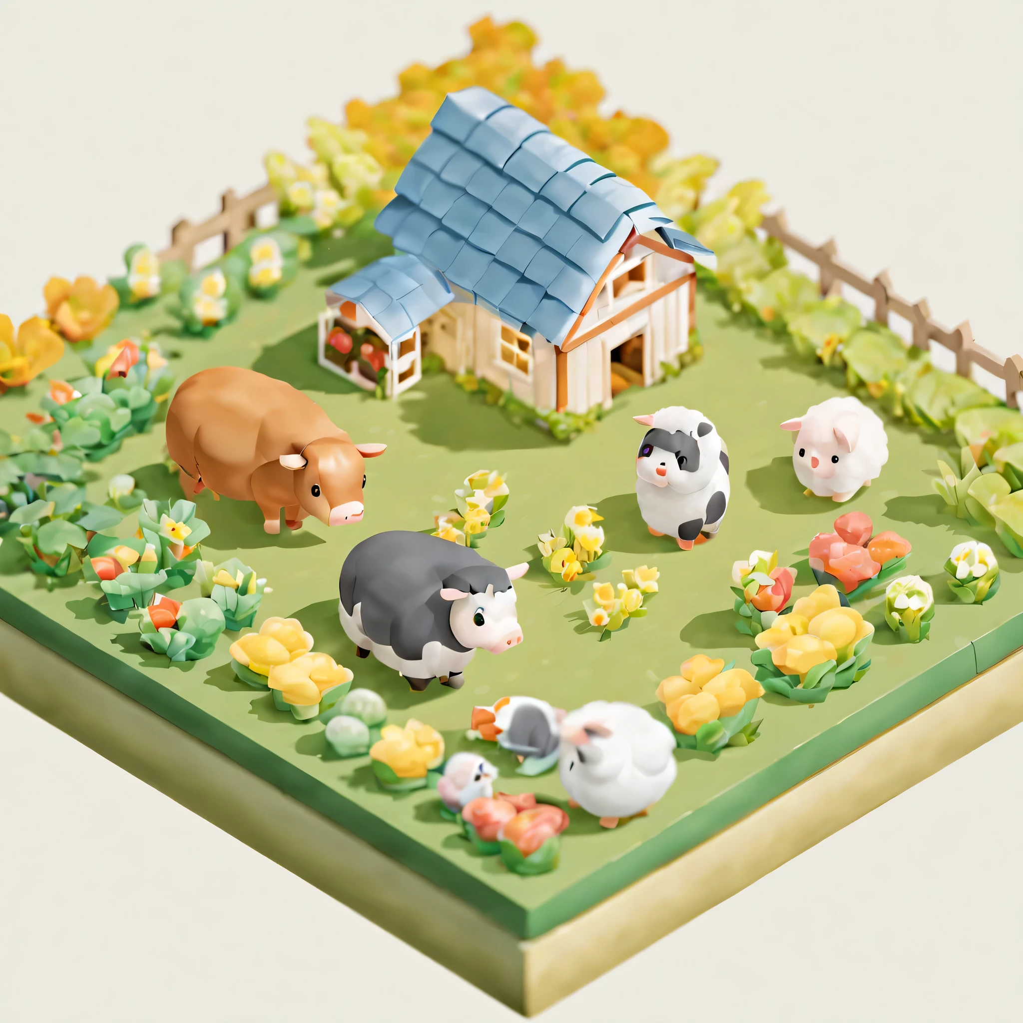 xiaofangzi, Solid background , Clear , small farm，Isometric