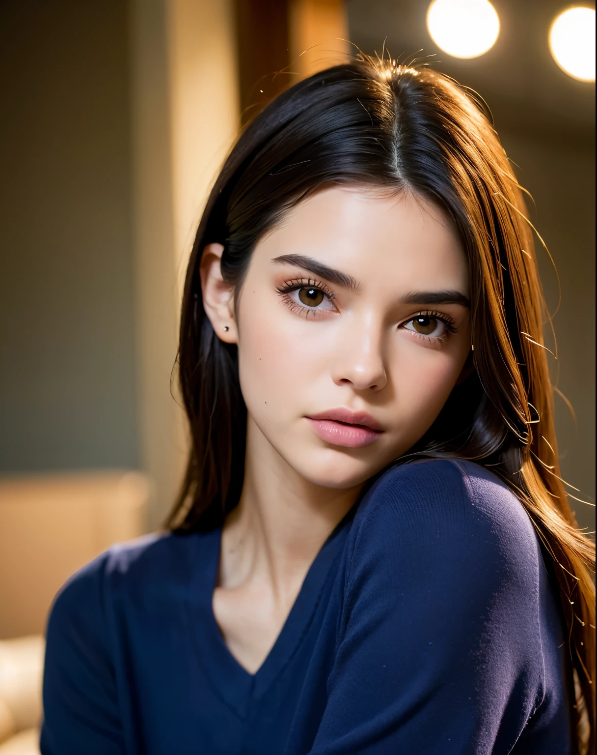 Mejor calidad, enfoque facial, luz tenue, ultra high resolution, (fotorrealista:1.4), foto cruda,
1 Kendall Jenner, solo, lindo, (alumno, luces en los ojos), cara hermosa detallada, (),(High resolution detail of human skin texture.),
(pelo largo),
Interior,
Vestido camisero damasco,
(retrato)