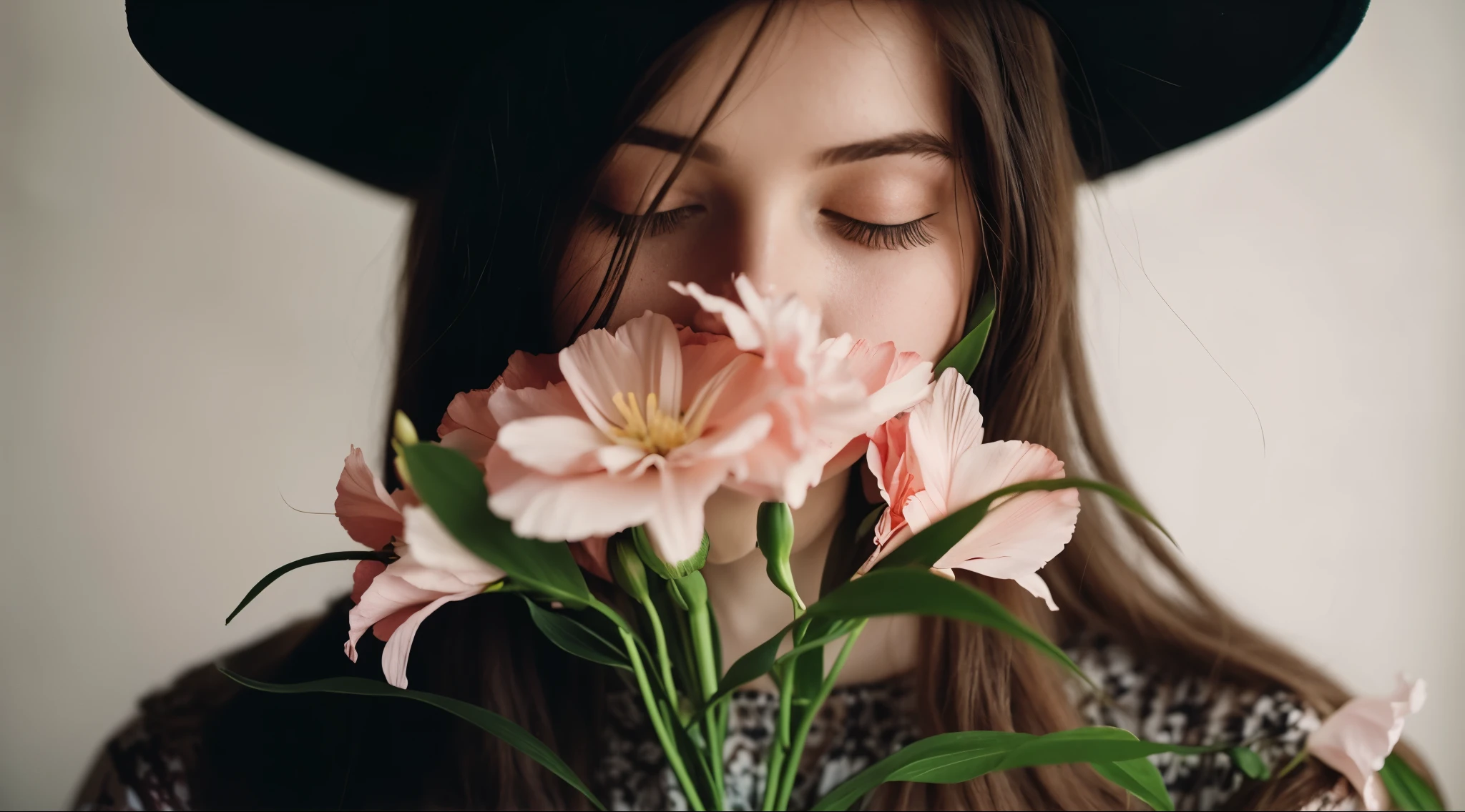 there is a woman wearing a hat and holding a flower, flowers covering eyes, female portrait with flowers, jovana rikalo, by Anna Boch, with flowers, girl with a flower face, alessio albi, by Zofia Stryjenska, 3 5 mm portrait, flowers on heir cheeks, by Emma Andijewska