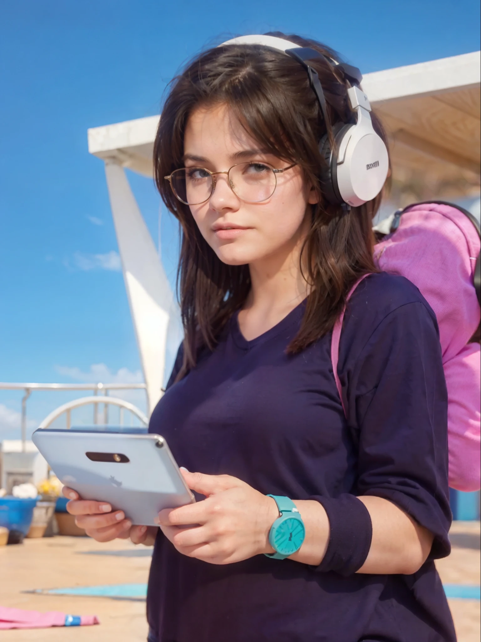 Real life adaption of this character, American beauty, realistic same hair with headphone,realistic same outfit,wear same glasses,realistic same background, realistic light, realistic shadow, realism, hyper realistic, (photorealistic:1.2), realistic small eyes