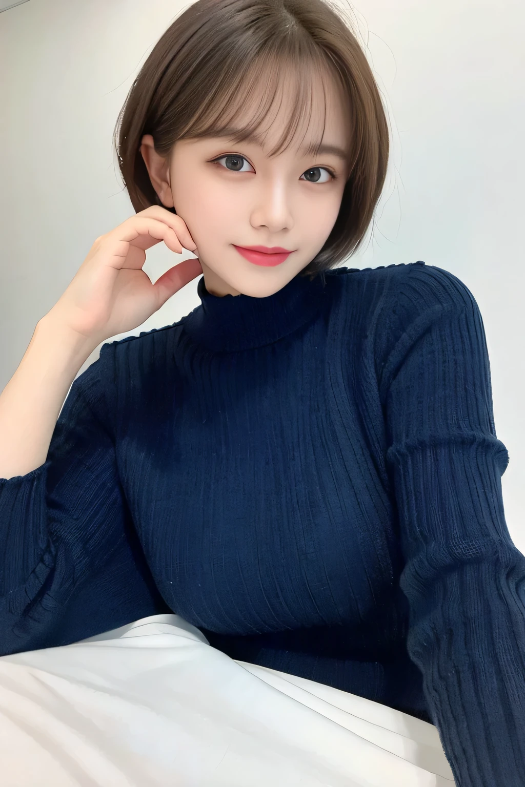 best quality, photorealistic, 8k, high res, 1girl, woman, (skindentation), (professional lighting), (portrait:0.6), gorgeous, brunette, ((white plain background:1.2)), (small breast, blue polo-neck sweater, parted bangs, short hair:1.5), (looking at the viewer), 1girl sleepy eyes looking at viewer:1.5, photorealistic, (bokeh), (portait:0.6), gorgeous, (dynamic pose:1.2), smile:1.9, <lora:Eimi:0.75>