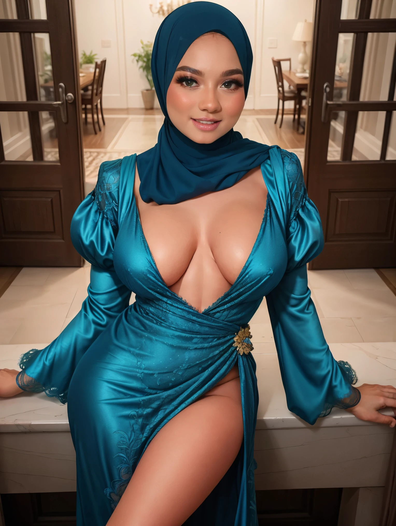Shot from above, Michael Cheval style illustration of a twenty-year-old woman, very beautiful young woman with hijab, heavy big breast, dressed in a beautiful turquoise blue lace dress