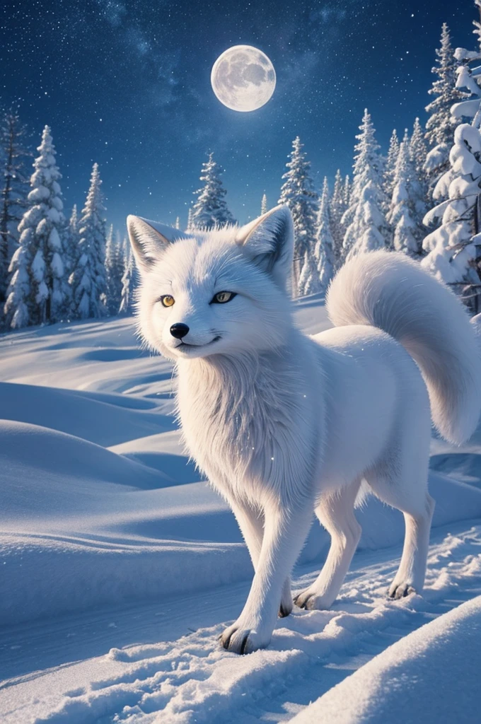 Generate an image of an Arctic fox gracefully crossing a snowy landscape under sparkling moonlight, its fur shines in the cold, Capture the essence of its elusive beauty