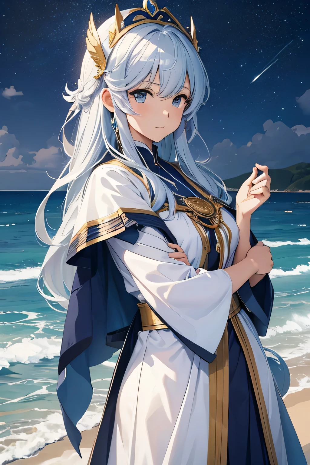 "Design an illustration by Marin Kitagawa, la reconocida sacerdotisa y guerrera del mar del anime 'Saint Seiya: Saintia Sho'. Marin es una mujer valiente con cabello blanco, dressed in the silver armor of the Ursa Major constellation. His gaze reflects determination and wisdom., mientras sostiene su lanza de manera majestuosa. Place it in an aquatic environment., surrounded by waves and marine symbols that highlight your connection to the ocean. Expresa la gracia y la fuerza de Marin Kitagawa en este singular, faithful representation of the character."
