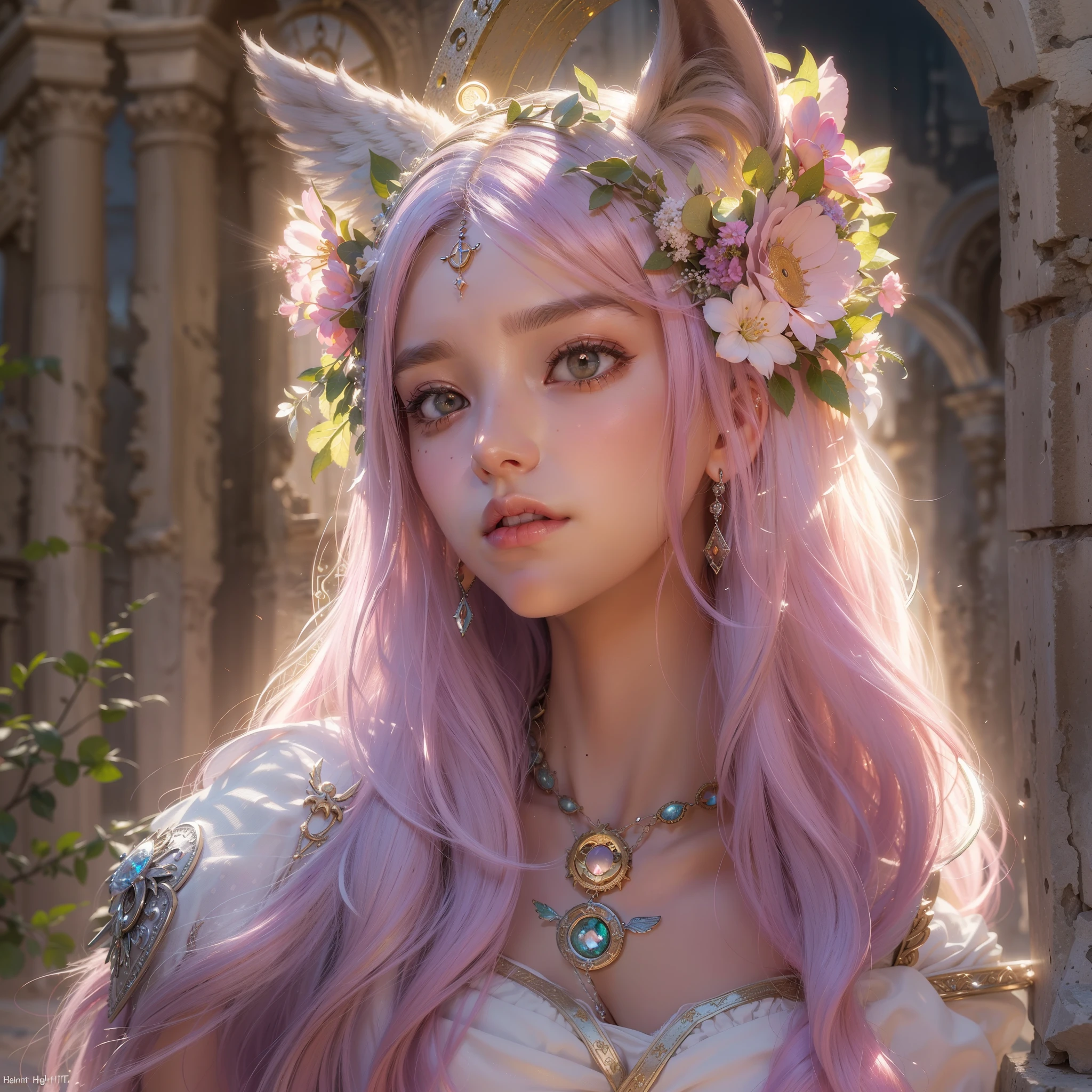 ((cat ears on head)), (award-winning masterpieces galore, incredibly detailed, textured and maximally detailed), (hyper realistic: 1.4), (realistic: 1.3), (top quality realistic textured skin), (dense perfect circle, symmetrically beautifully rendered(angelic light, circle of divine radiance, overhead: 1.8), ((medieval world)), (beautiful gentle eyes), (love the sky with beautiful colored eyes and wonderful cloud mass), (halo optical phenomenon: 1.3), (dramatic light), (wonderful scenery), (verybeautiful expression), , flower earrings in her ears, (((dramatic photo))), (twilight), (sunset), (dusk), ((sacred pose)), (silver hair), (pink hair), (chestnut hair)), flower garden, (elaborate necklace around her neck), old ruins infested with plants, great temple, greatcathedral, ruins of a temple, remote temple, (glowing magic circle), ruins of an ancient castle, desolate ruins, crumbling ruins, ancient ruins with clear water, holy light, epic realistic, ((neutral color)), (HDR:1.5), (subdued color:1.2), highly detailed, cinematic, warmLight, Dramatic light, (Complex details:1.1), Complex background, Petals, Pastel colors