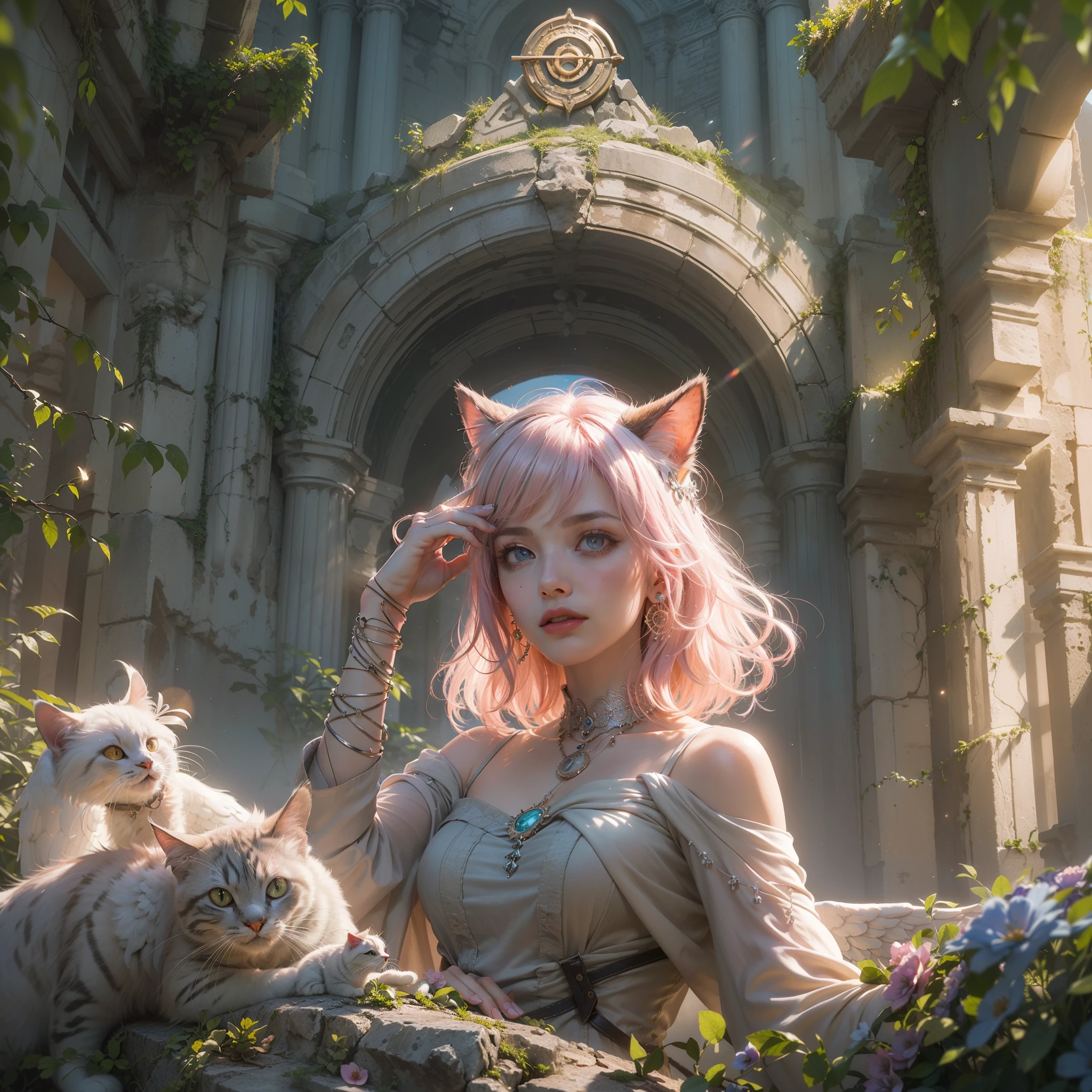 ((cat ears on head)), (award-winning masterpieces galore, incredibly detailed, textured and maximally detailed), (hyper realistic: 1.4), (realistic: 1.3), (top quality realistic textured skin), (dense perfect circle, symmetrically beautifully rendered(angelic light, circle of divine radiance, overhead: 1.8), ((medieval world)), (beautiful gentle eyes), (love the sky with beautiful colored eyes and wonderful cloud mass), (halo optical phenomenon: 1.3), (dramatic light), (wonderful scenery), (verybeautiful expression), , flower earrings in her ears, (((dramatic photo))), (twilight), (sunset), (dusk), ((sacred pose)), (silver hair), (pink hair), (chestnut hair)), flower garden, (elaborate necklace around her neck), old ruins infested with plants, great temple, greatcathedral, ruins of a temple, remote temple, (glowing magic circle), ruins of an ancient castle, desolate ruins, crumbling ruins, ancient ruins with clear water, holy light, epic realistic, ((neutral color)), (HDR:1.5), (subdued color:1.2), highly detailed, cinematic, warmLight, Dramatic light, (Complex details:1.1), Complex background, Petals, Pastel colors