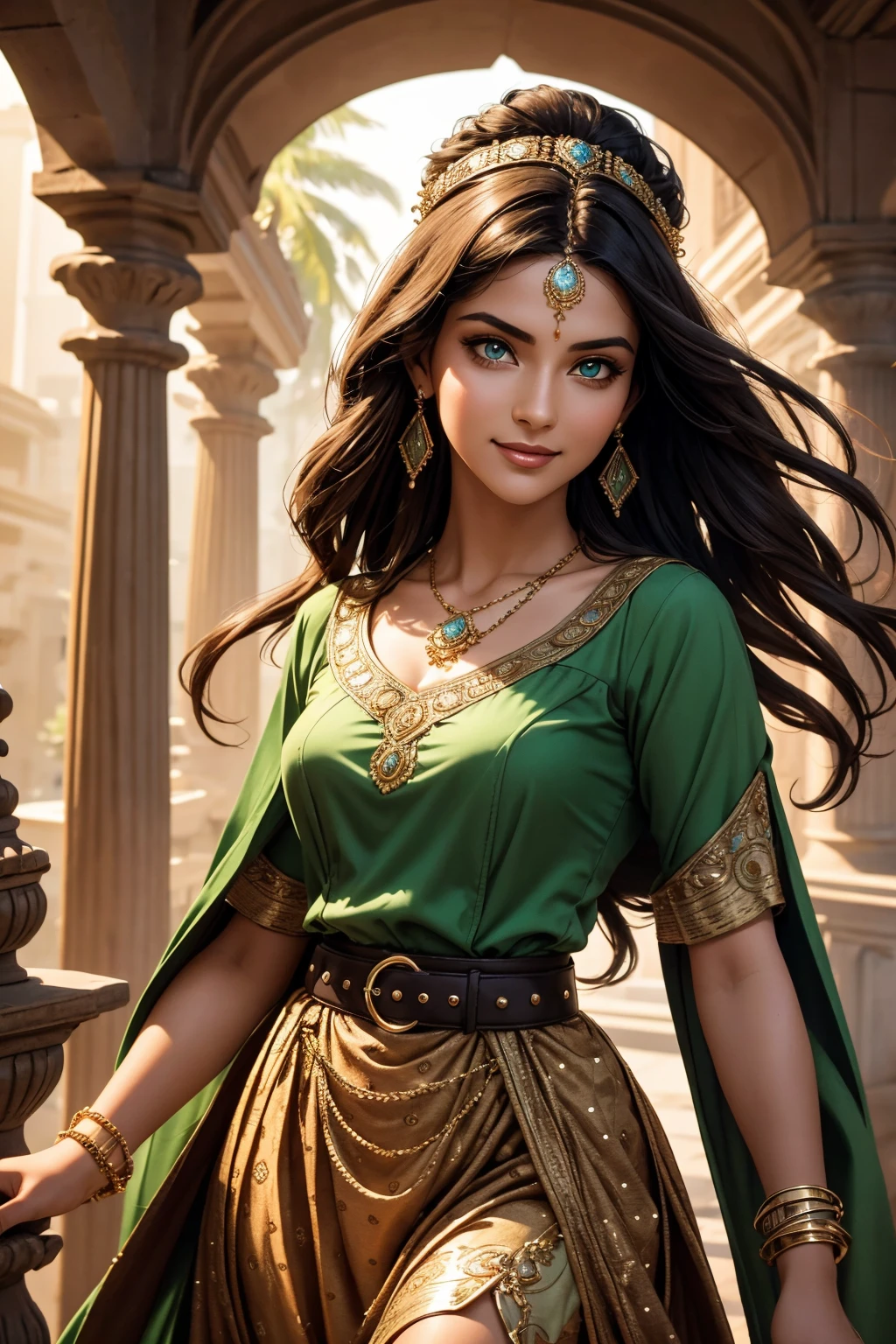 A stunning Indian beauty, with bright green eyes, with dark brown-black long wavey long hair, with mesmerizing feature masterpiece, top quality, best quality, official art, beautiful and aesthetic:1.2), (1girl), extreme detailed,(fractal art:1.3), colorful, highest detailed, (masterpiece, best quality:1.3) 1 bright-green-eyed woman, professional digital painting, Unreal Engine 5. wearing a Day dress in floral print, polka dots, modest tops, wide sleeves, or cape effect, slender bias cut body of dress that flared at the hem below the knee, matching thin belt with a high waist thick heeled full covered shoes, oxfords, Gloves gathered loosely at the cuff, holding a simple handbag with small angular hat and matching shoes, art deco jewelry earrings and bracelets Hopeful smiling expression, finely detailed eyes, happy mood, Wearing a full coverage blouse, epic scene, epic composition, Cinematic Lighting, Volumetric Lighting, ethereal light, intricate details, extremely detailed volumetric rays. [Beautiful girl in an Indian outfit, boho outfit, linen shirt, oil painting, Detailed facial features, Sunlight, bright colors, dramatic lighting, expressive eyes and lips, High Resolution, 4K quality, Photorealistic]

