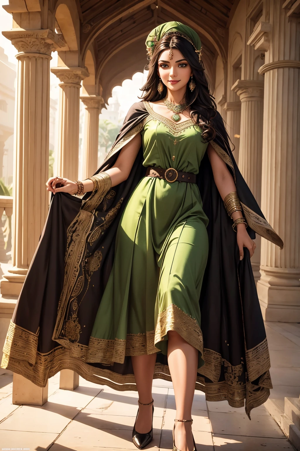 A stunning Indian beauty, with bright green eyes, with dark brown-black long wavey long hair, with mesmerizing feature masterpiece, top quality, best quality, official art, beautiful and aesthetic:1.2), (1girl), extreme detailed,(fractal art:1.3), colorful, highest detailed, (masterpiece, best quality:1.3) 1 bright-green-eyed woman, professional digital painting, Unreal Engine 5. wearing a Day dress in floral print, polka dots, modest tops, wide sleeves, or cape effect, slender bias cut body of dress that flared at the hem below the knee, matching thin belt with a high waist thick heeled full covered shoes, oxfords, Gloves gathered loosely at the cuff, holding a simple handbag with small angular hat and matching shoes, art deco jewelry earrings and bracelets Hopeful smiling expression, finely detailed eyes, happy mood, Wearing a full coverage blouse, epic scene, epic composition, Cinematic Lighting, Volumetric Lighting, ethereal light, intricate details, extremely detailed volumetric rays. [Beautiful girl in an Indian outfit, boho outfit, linen shirt, oil painting, Detailed facial features, Sunlight, bright colors, dramatic lighting, expressive eyes and lips, High Resolution, 4K quality, Photorealistic]
