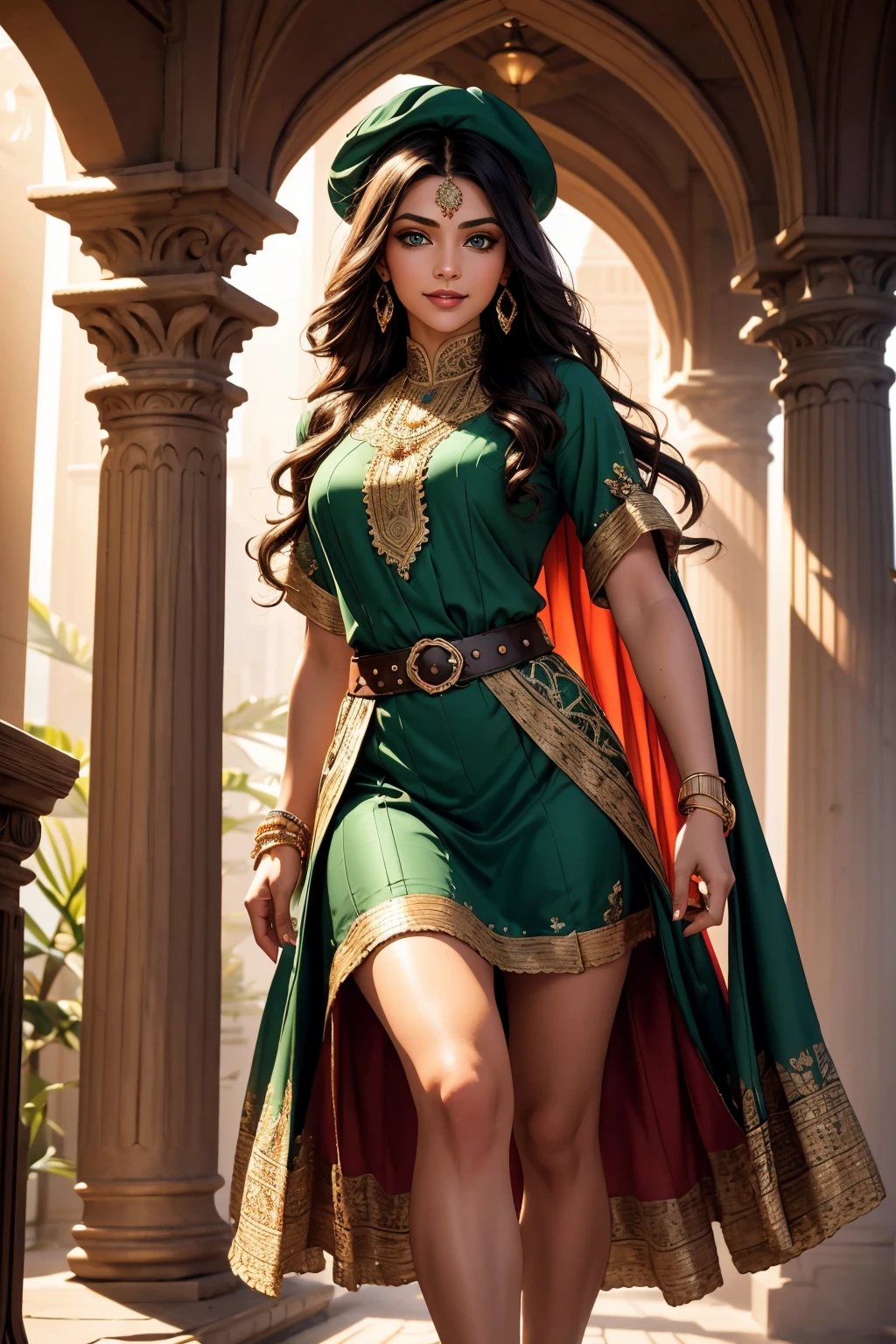 A stunning Indian beauty, with bright green eyes, with dark brown-black long wavey long hair, with mesmerizing feature masterpiece, top quality, best quality, official art, beautiful and aesthetic:1.2), (1girl), extreme detailed,(fractal art:1.3), colorful, highest detailed, (masterpiece, best quality:1.3) 1 bright-green-eyed woman, professional digital painting, Unreal Engine 5. wearing a Day dress in floral print, polka dots, modest tops, wide sleeves, or cape effect, slender bias cut body of dress that flared at the hem below the knee, matching thin belt with a high waist thick heeled full covered shoes, oxfords, Gloves gathered loosely at the cuff, holding a simple handbag with small angular hat and matching shoes, art deco jewelry earrings and bracelets Hopeful smiling expression, finely detailed eyes, happy mood, Wearing a full coverage blouse, epic scene, epic composition, Cinematic Lighting, Volumetric Lighting, ethereal light, intricate details, extremely detailed volumetric rays. [Beautiful girl in an Indian outfit, boho outfit, linen shirt, oil painting, Detailed facial features, Sunlight, bright colors, dramatic lighting, expressive eyes and lips, High Resolution, 4K quality, Photorealistic]
