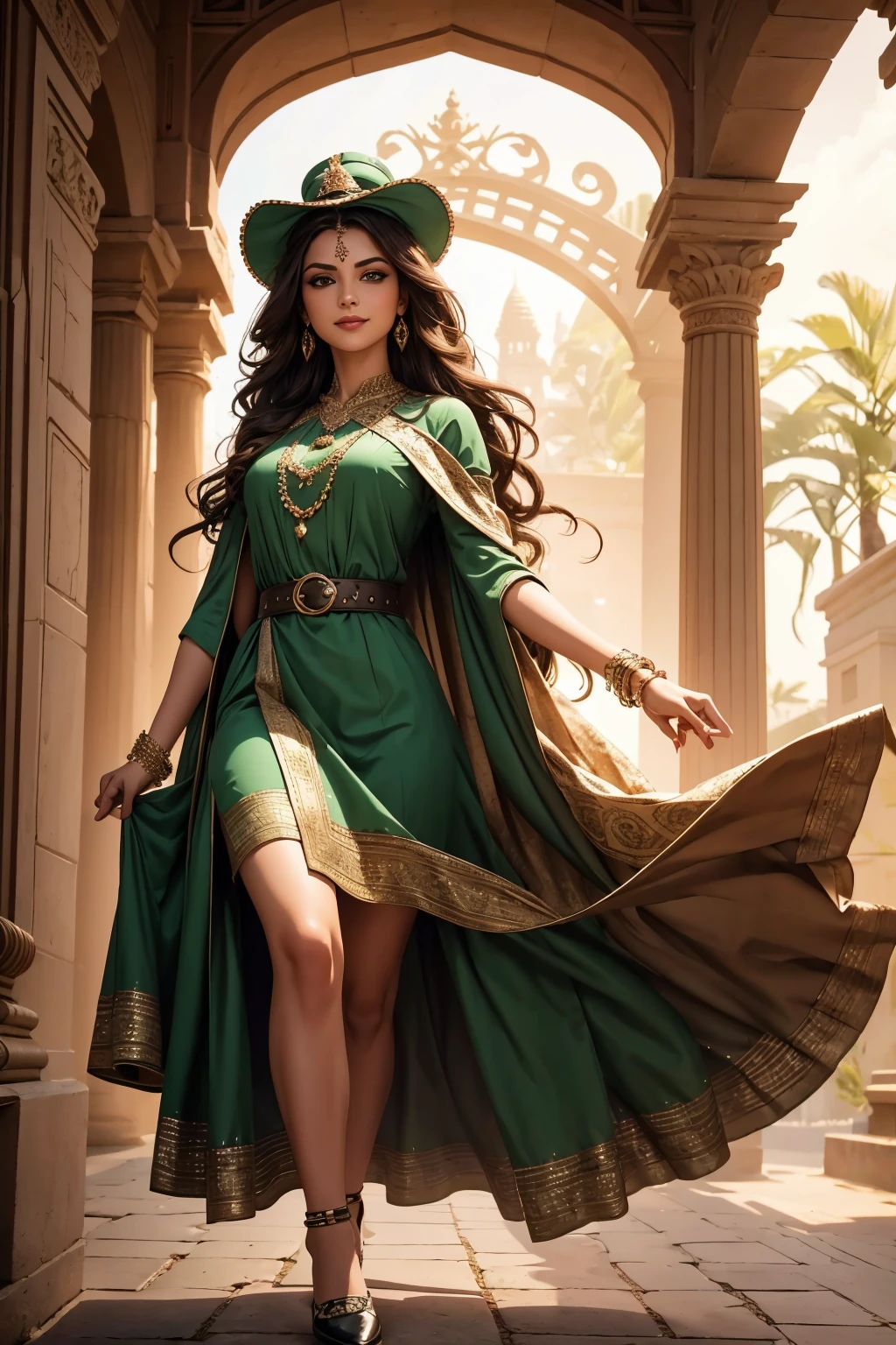 A stunning Indian beauty, at a open air street vegetable market, with bright green eyes, with dark brown-black long wavy long hair, with mesmerizing feature masterpiece, top quality, best quality, official art, beautiful and aesthetic:1.2), (1girl), extreme detailed,(fractal art:1.3), colorful, highest detailed, (masterpiece, best quality:1.3) 1 bright-green-eyed woman, professional digital painting, Unreal Engine 5. wearing a dress in floral print, modest tops, wide sleeves, slender bias cut body dress that flared at the hem. Hem of skirt below the knee, matching thin belt with a high waist thick heeled full covered shoes, oxfords, Gloves gathered loosely at the cuff, holding a simple handbag matching shoes, art deco jewelry earrings and bracelets Hopeful smiling expression, finely detailed eyes, happy mood, Wearing a full coverage blouse, epic scene, epic composition, Cinematic Lighting, Volumetric Lighting, ethereal light, intricate details, extremely detailed volumetric rays. [Beautiful girl in an Indian outfit, boho outfit, linen shirt, oil painting, Detailed facial features, Sunlight, bright colors, dramatic lighting, expressive eyes and lips, High Resolution, 4K quality, Photorealistic]
