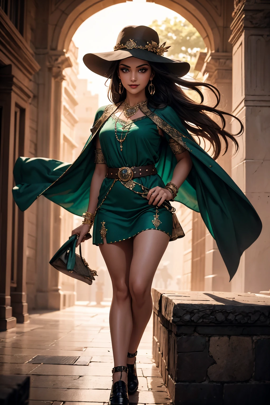 A stunning Indian beauty, at a open air street vegetable market, with bright green eyes, with dark brown-black long wavy long hair, with mesmerizing feature masterpiece, top quality, best quality, official art, beautiful and aesthetic:1.2), (1girl), extreme detailed,(fractal art:1.3), colorful, highest detailed, (masterpiece, best quality:1.3) 1 bright-green-eyed woman, professional digital painting, Unreal Engine 5. wearing a dress in floral print, modest tops, wide sleeves, slender bias cut body dress that flared at the hem. Hem of skirt below the knee, matching thin belt with a high waist thick heeled full covered shoes, oxfords, Gloves gathered loosely at the cuff, holding a simple handbag matching shoes, art deco jewelry earrings and bracelets Hopeful smiling expression, finely detailed eyes, happy mood, Wearing a full coverage blouse, epic scene, epic composition, Cinematic Lighting, Volumetric Lighting, ethereal light, intricate details, extremely detailed volumetric rays. [Beautiful girl in an Indian outfit, boho outfit, linen shirt, oil painting, Detailed facial features, Sunlight, bright colors, dramatic lighting, expressive eyes and lips, High Resolution, 4K quality, Photorealistic]

