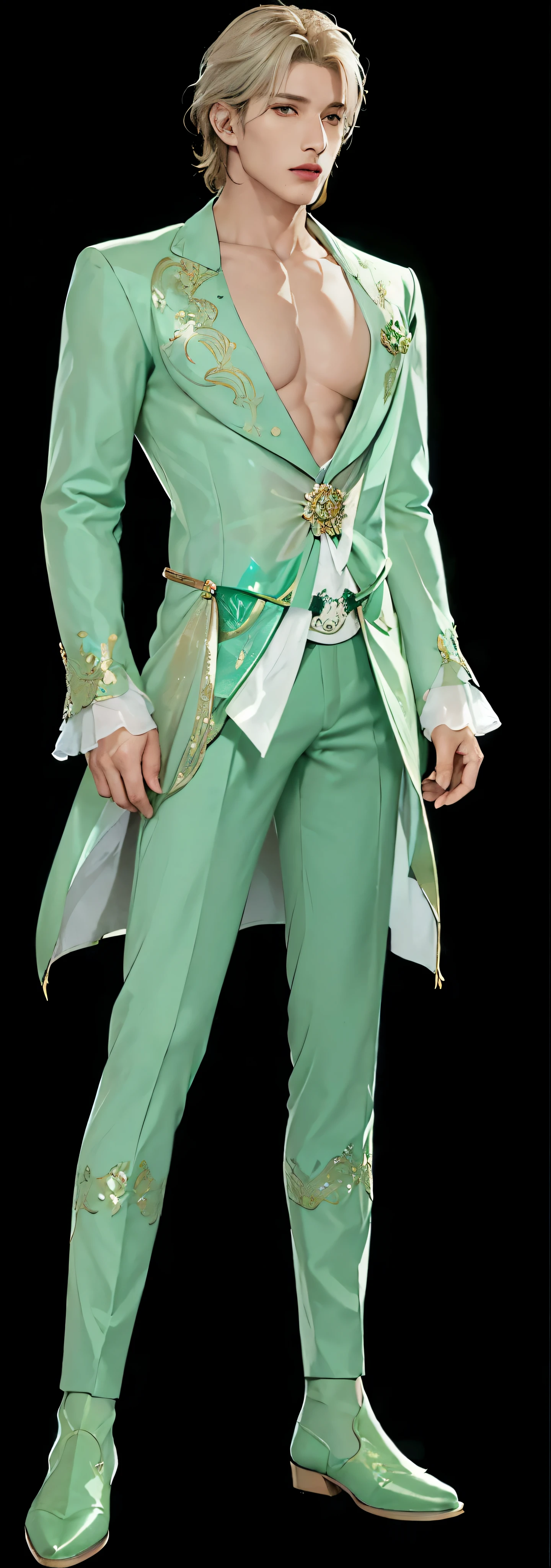 Close-up of a man wearing a green suit and green pants, full body details, Wear your dreamy formal attire, vergil from devil may cry, Exquisite androgynous prince, ((Wearing noble robes)), Full body close-up, vergil, clear clothing design, Sea green and white dress, official character art, beautiful androgynous prince， Upper body clothing translucent material， full body immersion