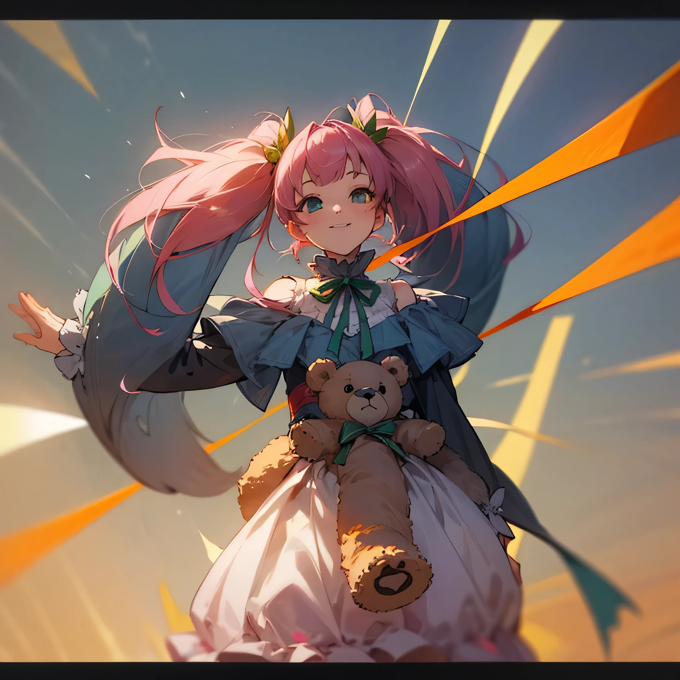 masterpiece, High resolution, screenshot, highest quality, 1 girl, pink hair、twin tails、pink dress、white frill on neck、yellow frill、brown teddy bear with red ribbon、green ribbon、smiling girl、green hair ornament