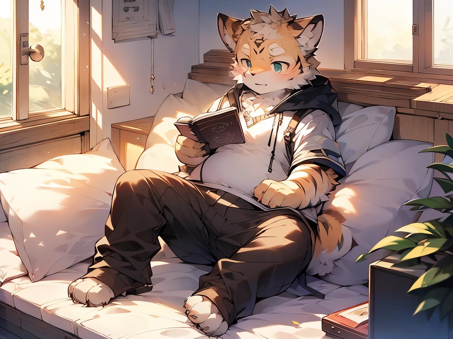 Masterpiece, Best quality, Perfect anatomy, author：K0bit0wani, author：Milk Tiger 1145, (author：Dex:0.3), Furry, coyote, tiny ears, Solo, Male, baggy pants, Skinny white vest, Eau, Abs, legs separated, Small raised, Slightly chubby figure, holding book, Detailed background, music sheets, Leaning back, Butterfly, Grass，Shota，Libido boy