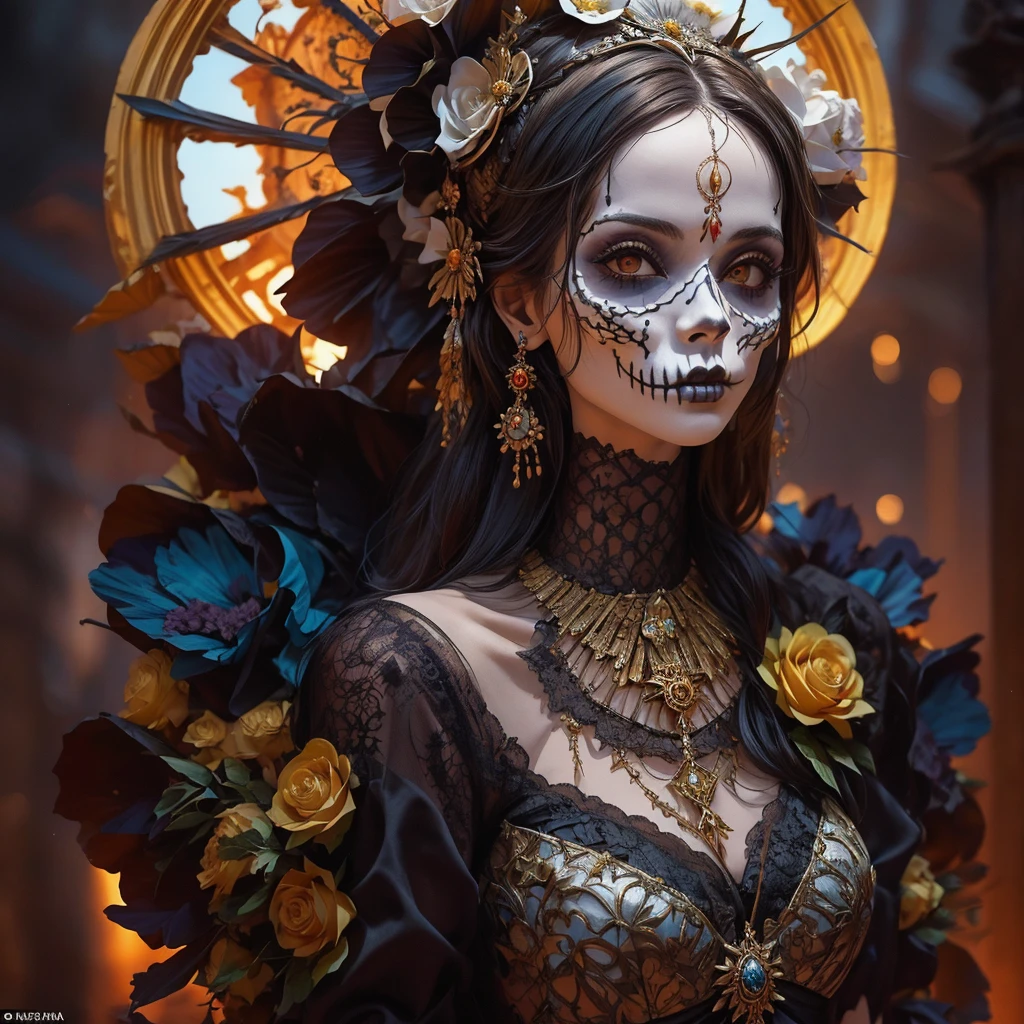 obra maestra, alta calidad, chica, This is an image of a skeletal figure in the form of a bride.. The skull is centrally framed and covered with an aged and tattered bridal veil., giving a disturbing impression. The skull&#39;s eyes are dark and empty., and the overall color palette is somber, con un enfoque en grises y tonos oscuros, sugiriendo decadencia y el paso del tiempo.

El esqueleto lleva lo que parecen ser restos de un vestido de novia o un sudario., con encajes intrincados y joyas que incluyen collares con un colgante de pentagrama, adding a gothic or possibly occult meaning. Hay un ramo de flores marchitas., incluyendo rosas blancas, which could symbolize lost purity or a love that has withered.

La imagen probablemente evoca temas de mortalidad., the juxtaposition of a wedding, a celebration of life and togetherness, con la innegable realidad de la muerte. has a chill, belleza macabra, y el entorno parece oscuro y posiblemente lluvioso, contributing to the eerie and gloomy atmosphere of the image..





